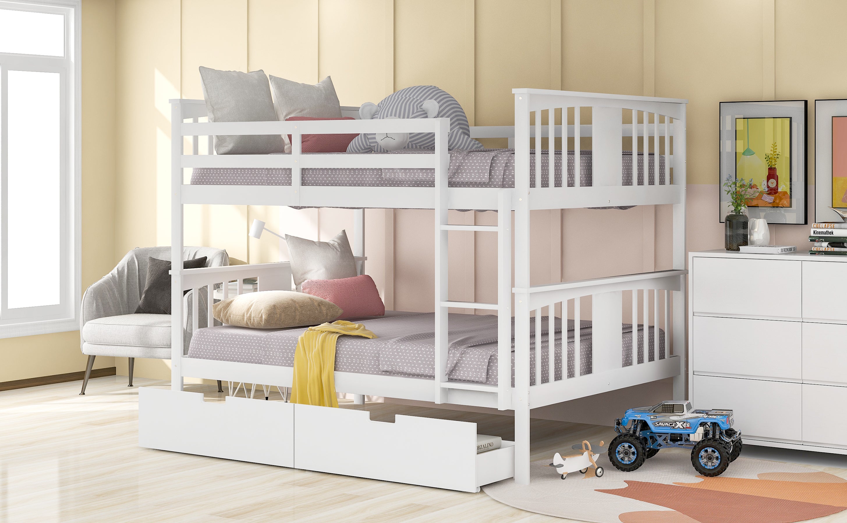 Full over Full Bunk Bed with Drawers and Ladder for Bedroom, Guest Room Furniture-White