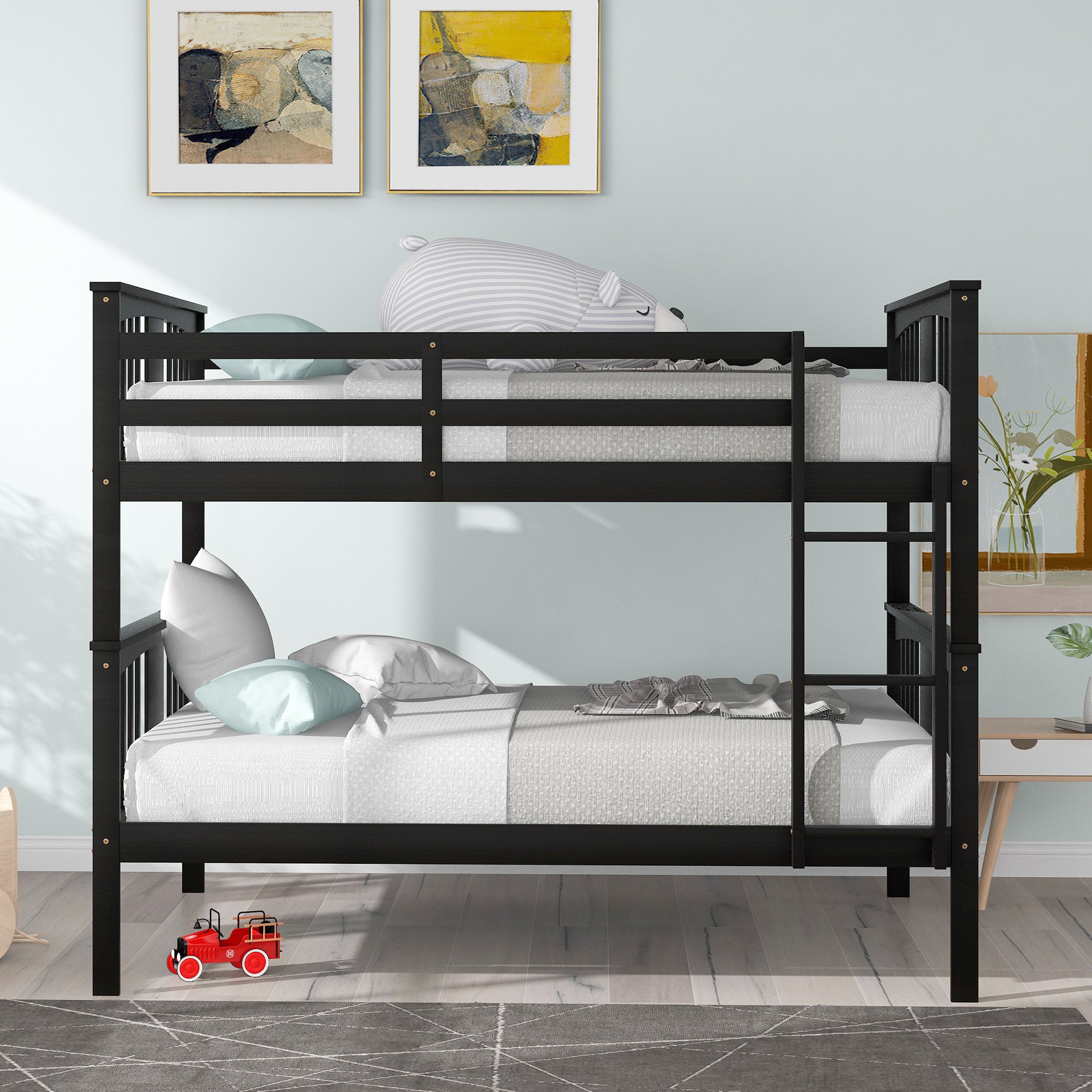 Full over Full Bunk Bed with Ladder for Bedroom, Guest Room Furniture-Espresso