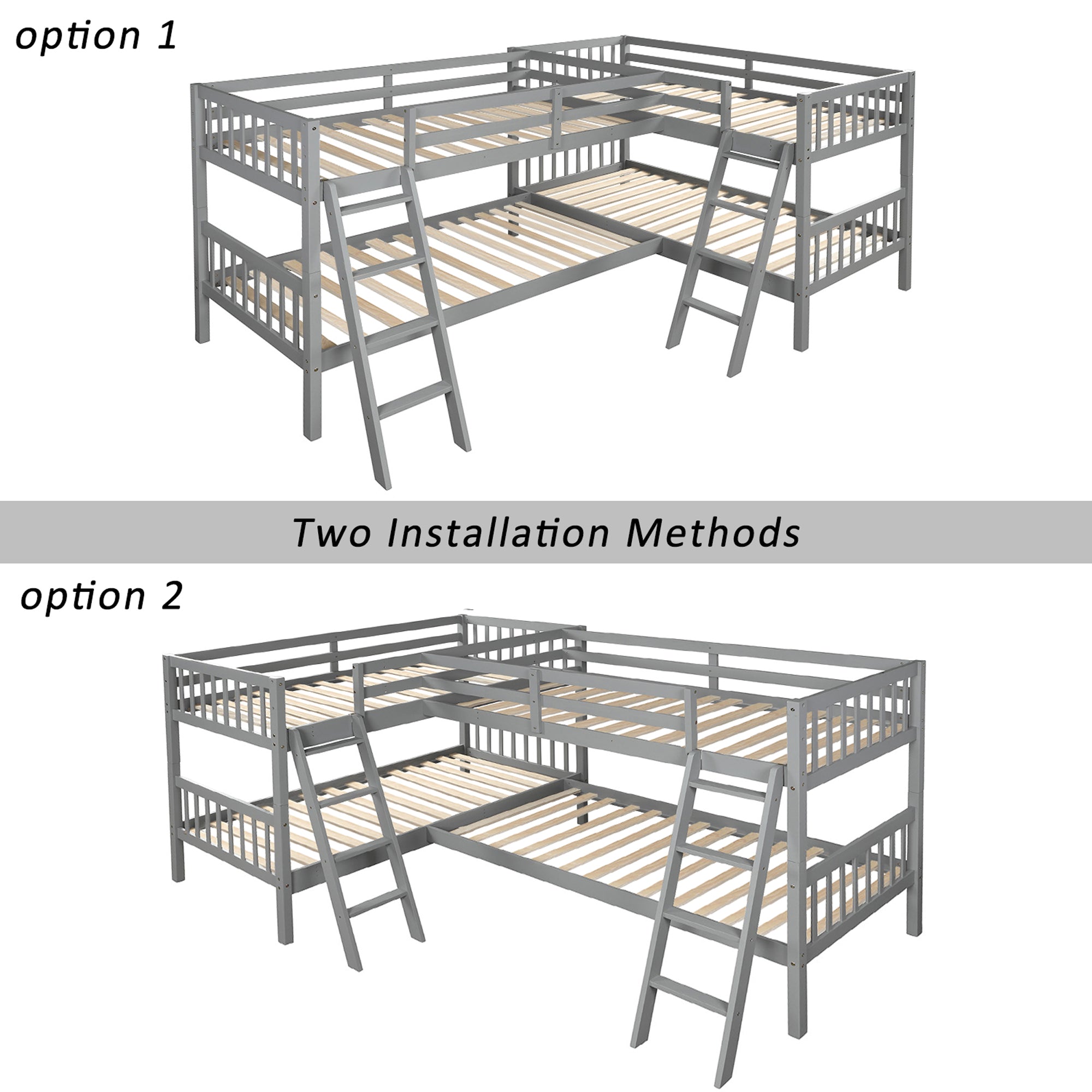 L-Shaped Bunk Bed with Ladder,Twin Size-Gray