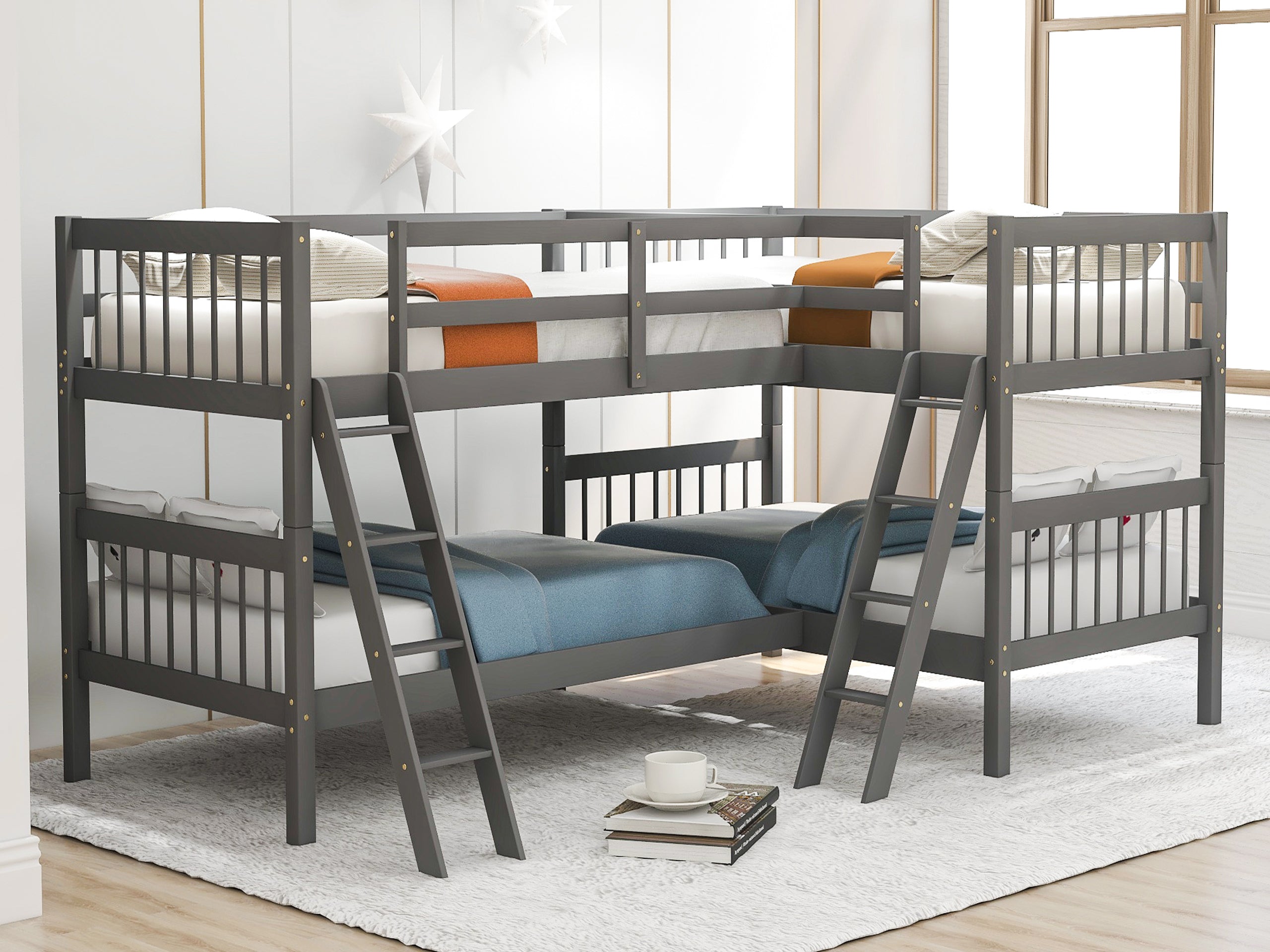 L-Shaped Bunk Bed with Ladder,Twin Size-Gray