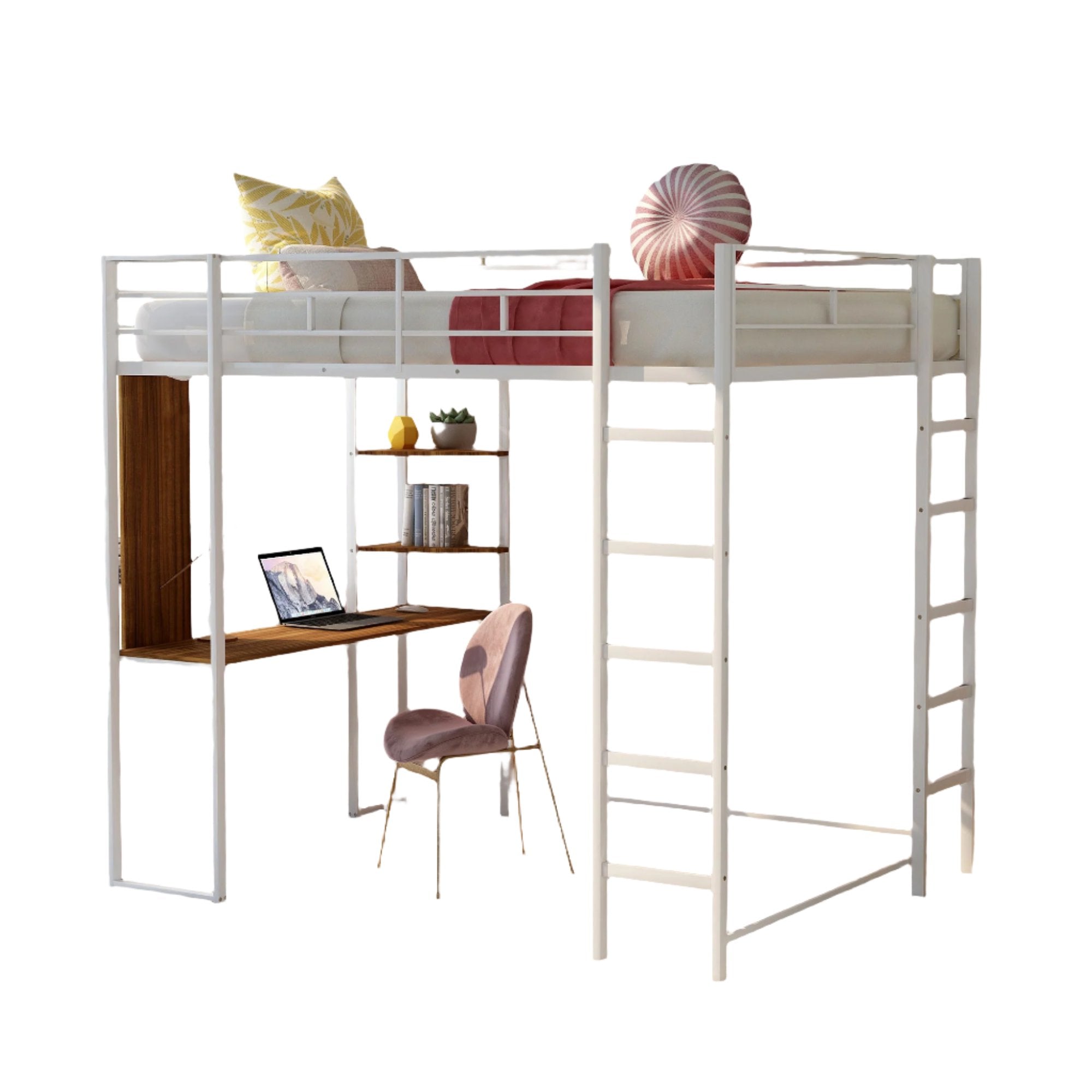 Full Size Metal Loft Bed with 2 Shelves and one Desk ,White