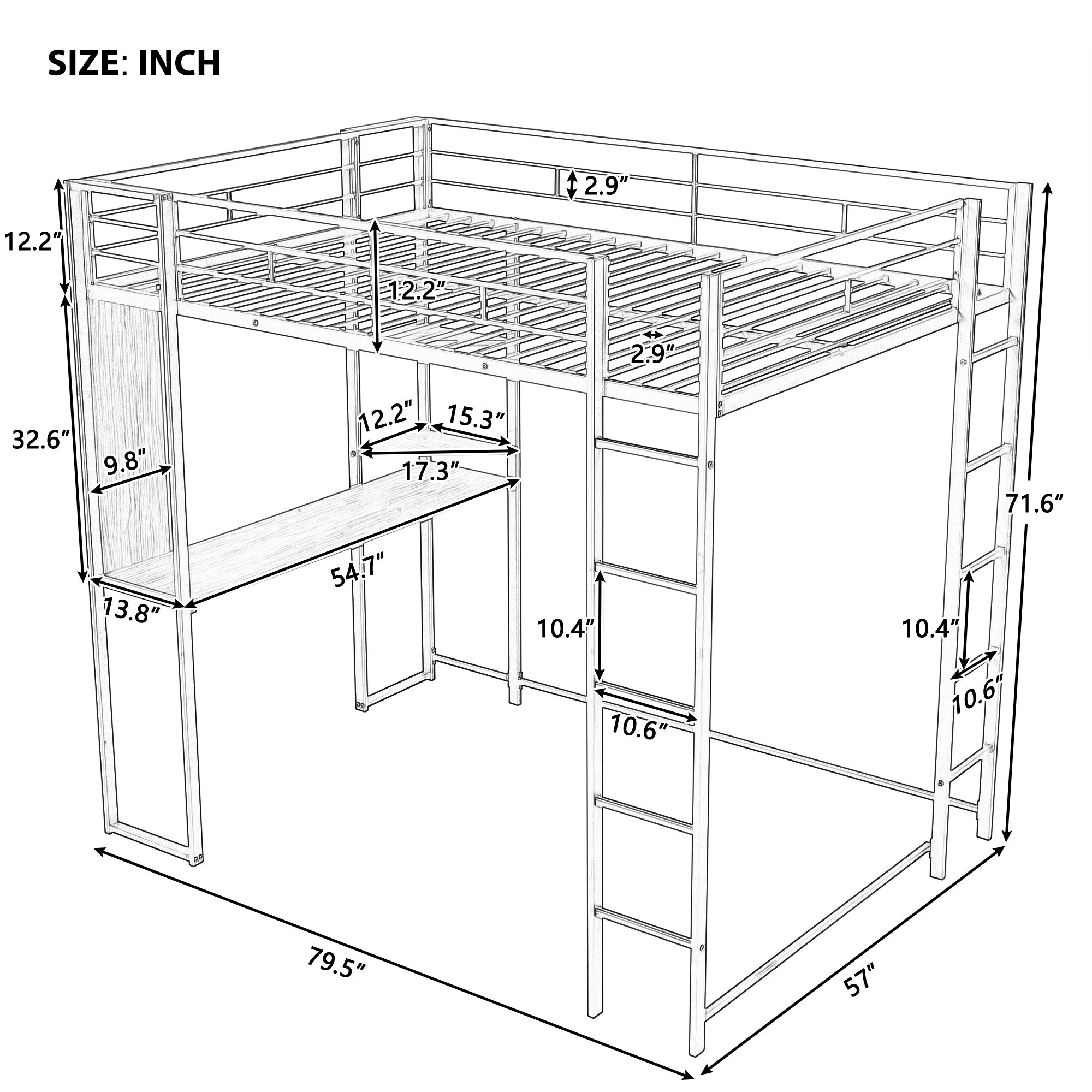 Full Size Metal Loft Bed with 2 Shelves and one Desk ,White