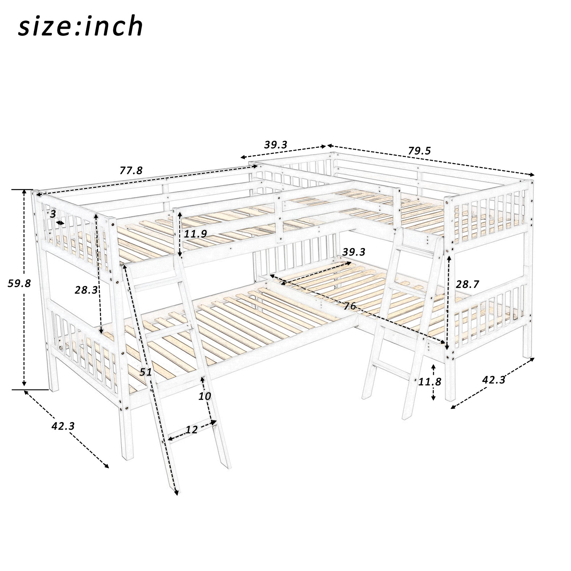 L-Shaped Bunk Bed with Ladder,Twin Size-Gray