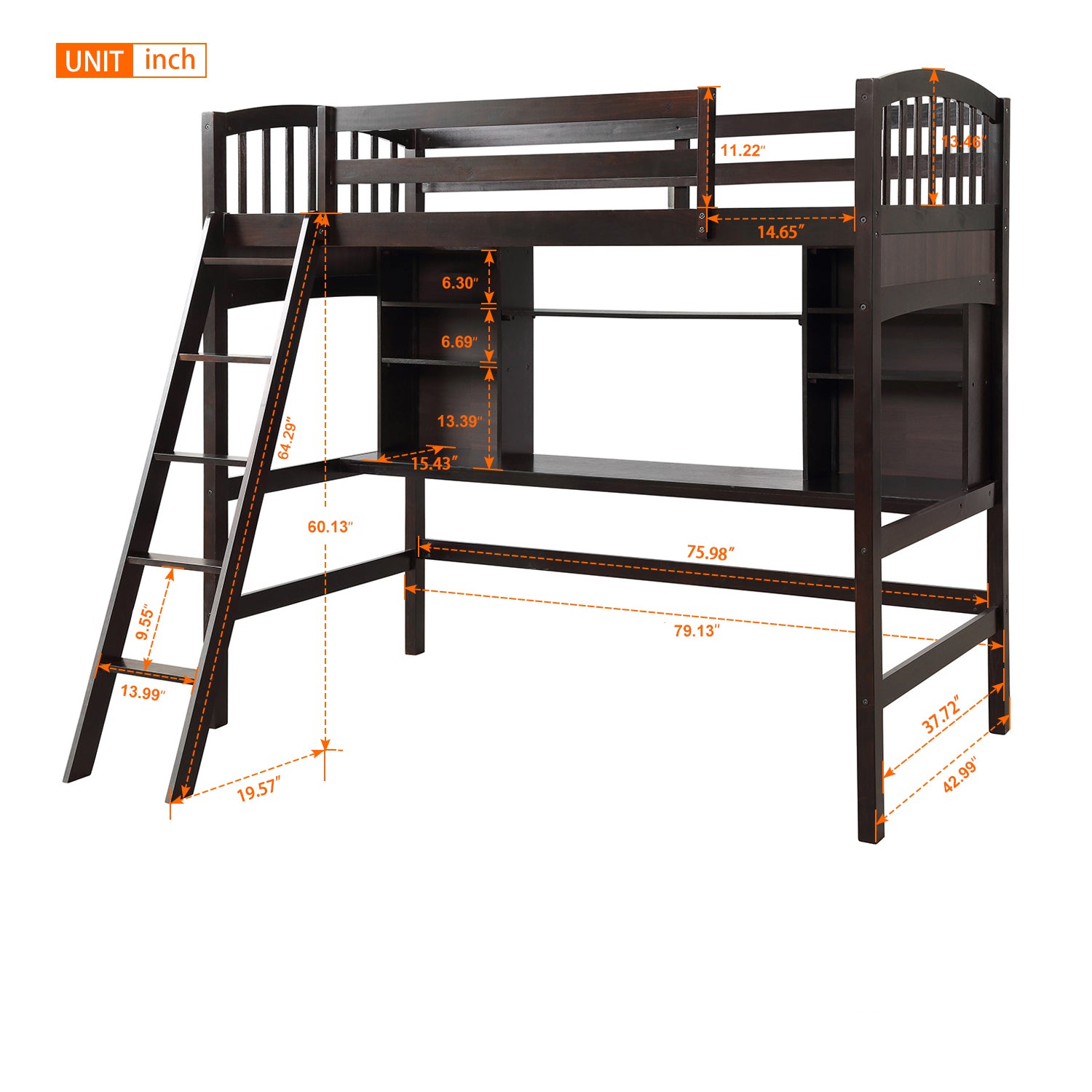 Twin size Loft Bed with Storage Shelves, Desk and Ladder, Espresso