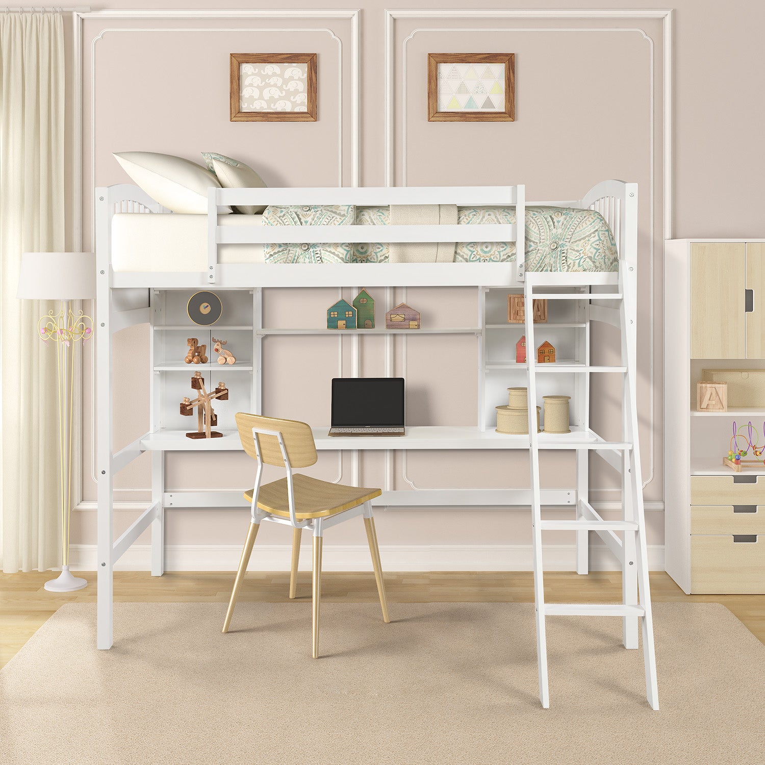 Twin size Loft Bed with Storage Shelves, Desk and Ladder, White