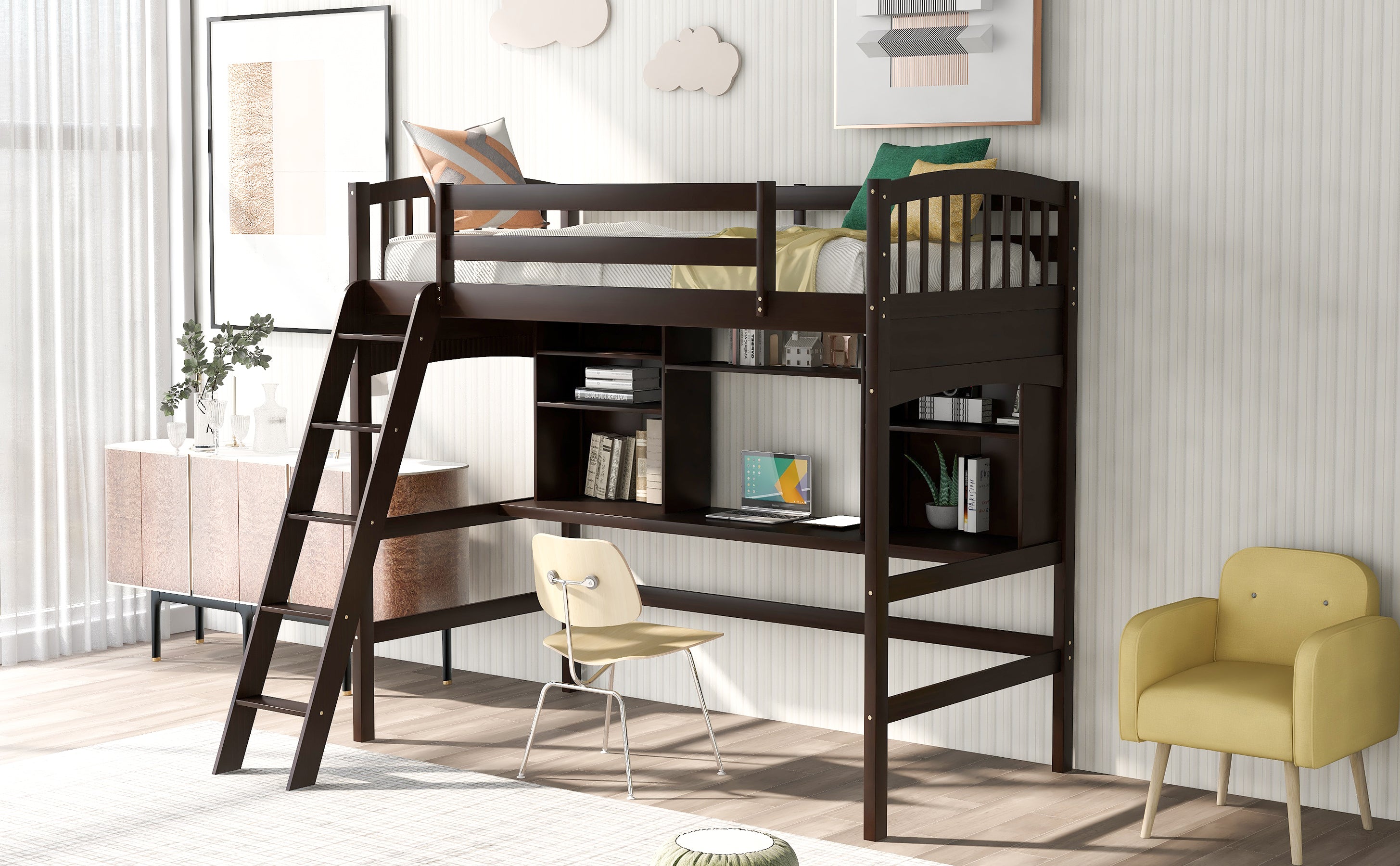 Twin size Loft Bed with Storage Shelves, Desk and Ladder, Espresso