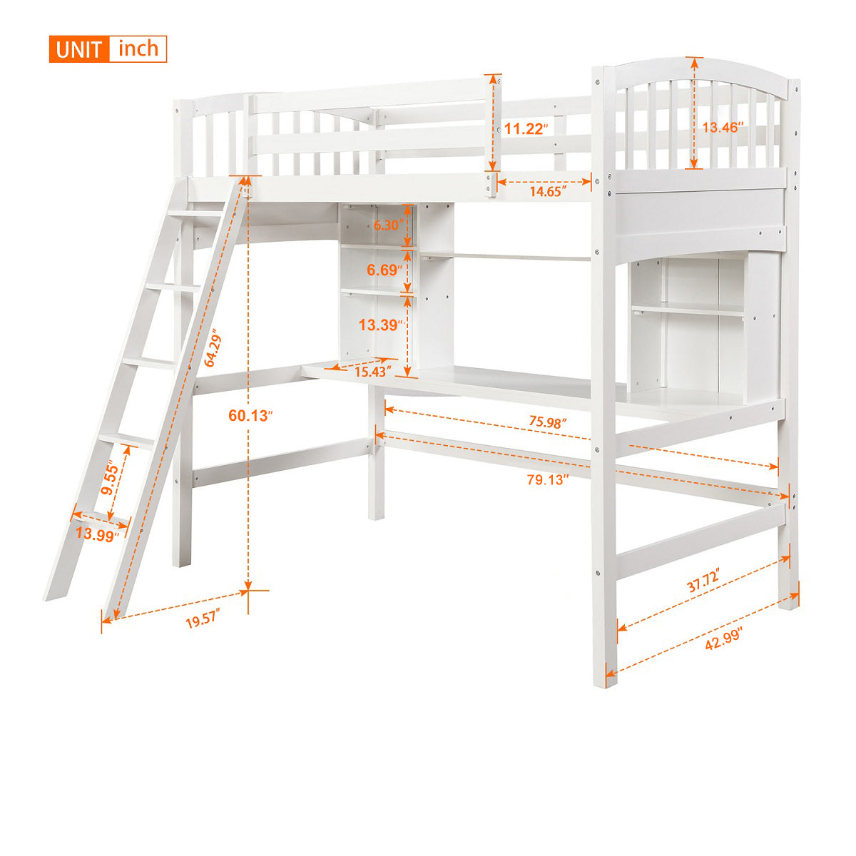 Twin size Loft Bed with Storage Shelves, Desk and Ladder, White