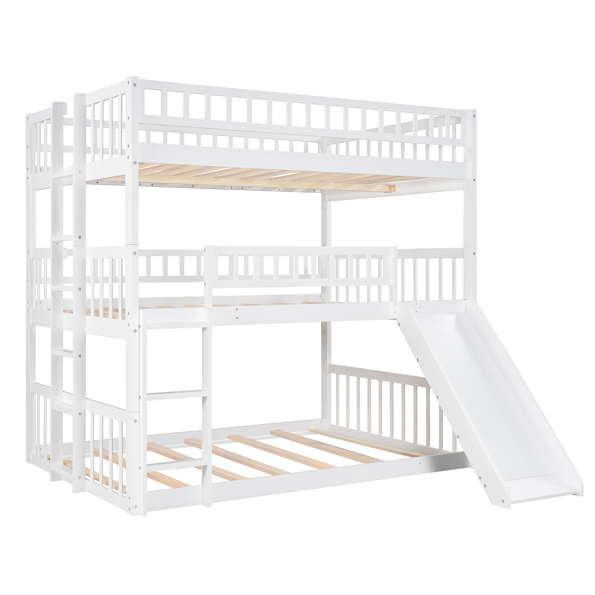 Full-Over-Full-Over-Full Triple Bed with Built-in Ladder and Slide , Triple Bunk Bed with Guardrails, White