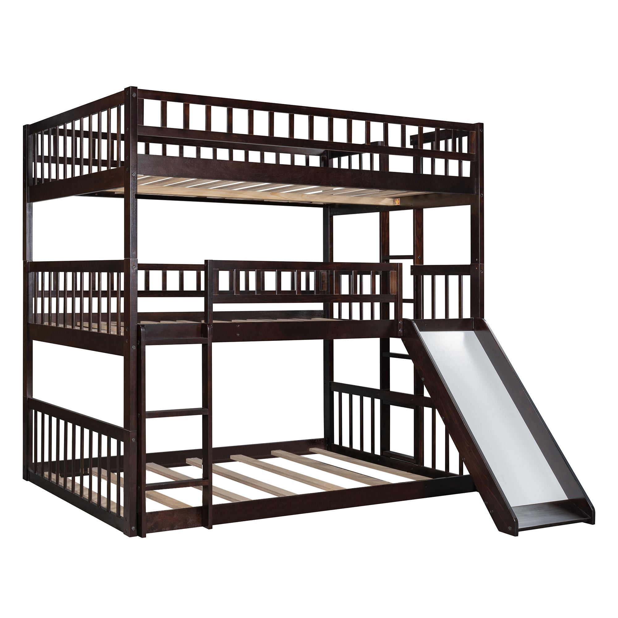 Full-Over-Full-Over-Full Triple Bed with Built-in Ladder and Slide , Triple Bunk Bed with Guardrails, Espresso