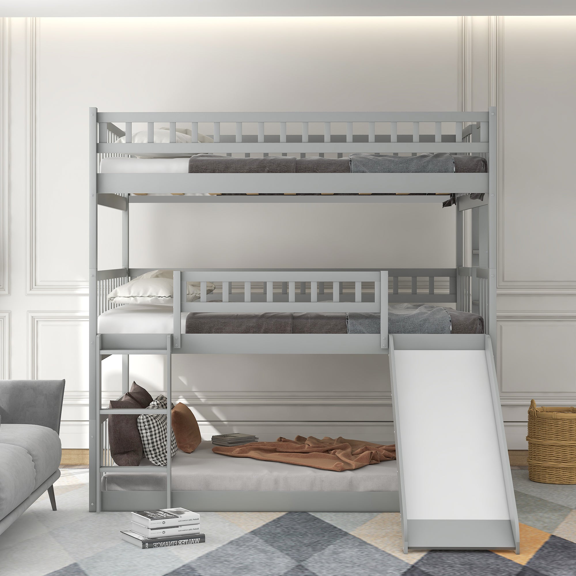 Full-Over-Full-Over-Full Triple Bed with Built-in Ladder and Slide , Triple Bunk Bed with Guardrails, Gray