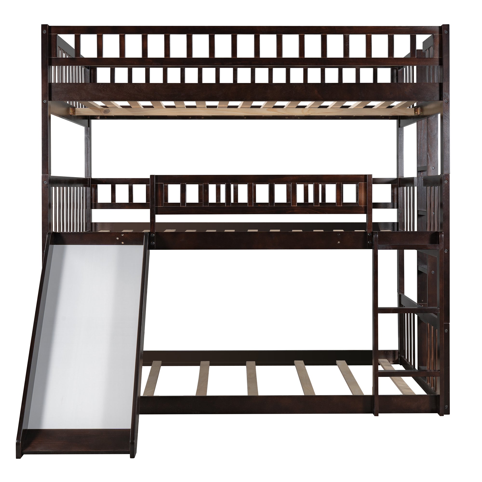 Full-Over-Full-Over-Full Triple Bed with Built-in Ladder and Slide , Triple Bunk Bed with Guardrails, Espresso