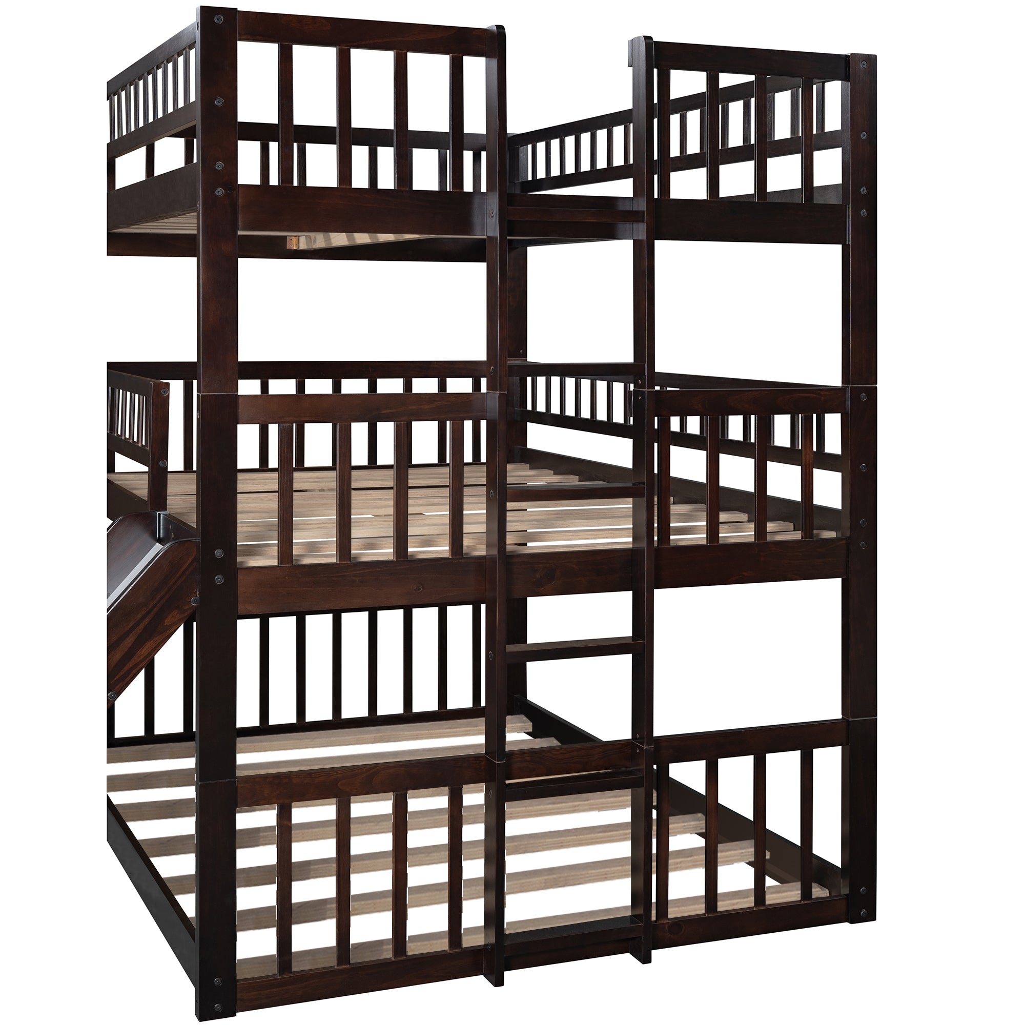 Full-Over-Full-Over-Full Triple Bed with Built-in Ladder and Slide , Triple Bunk Bed with Guardrails, Espresso