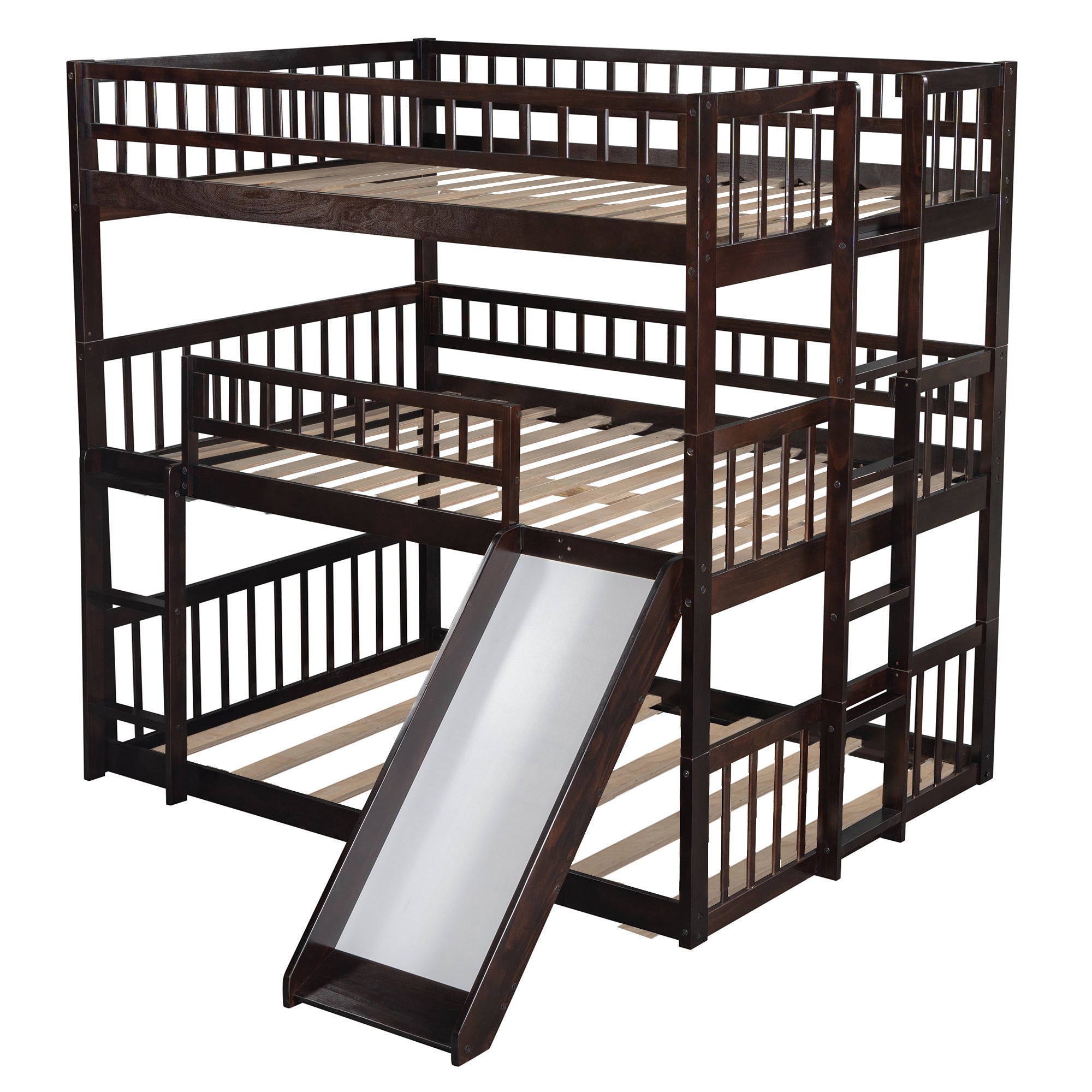 Full-Over-Full-Over-Full Triple Bed with Built-in Ladder and Slide , Triple Bunk Bed with Guardrails, Espresso