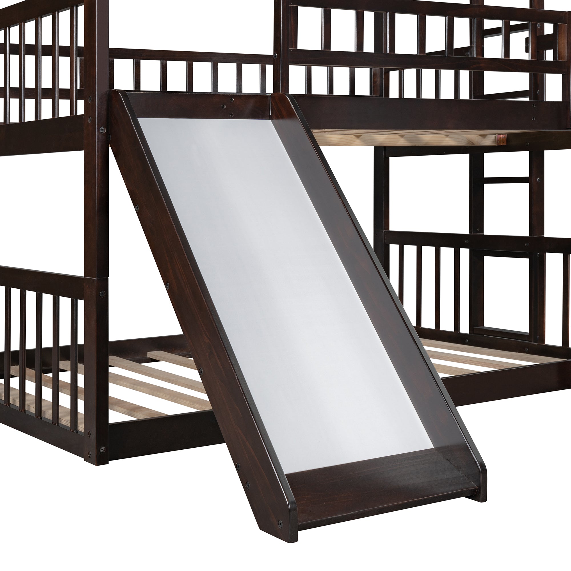 Full-Over-Full-Over-Full Triple Bed with Built-in Ladder and Slide , Triple Bunk Bed with Guardrails, Espresso