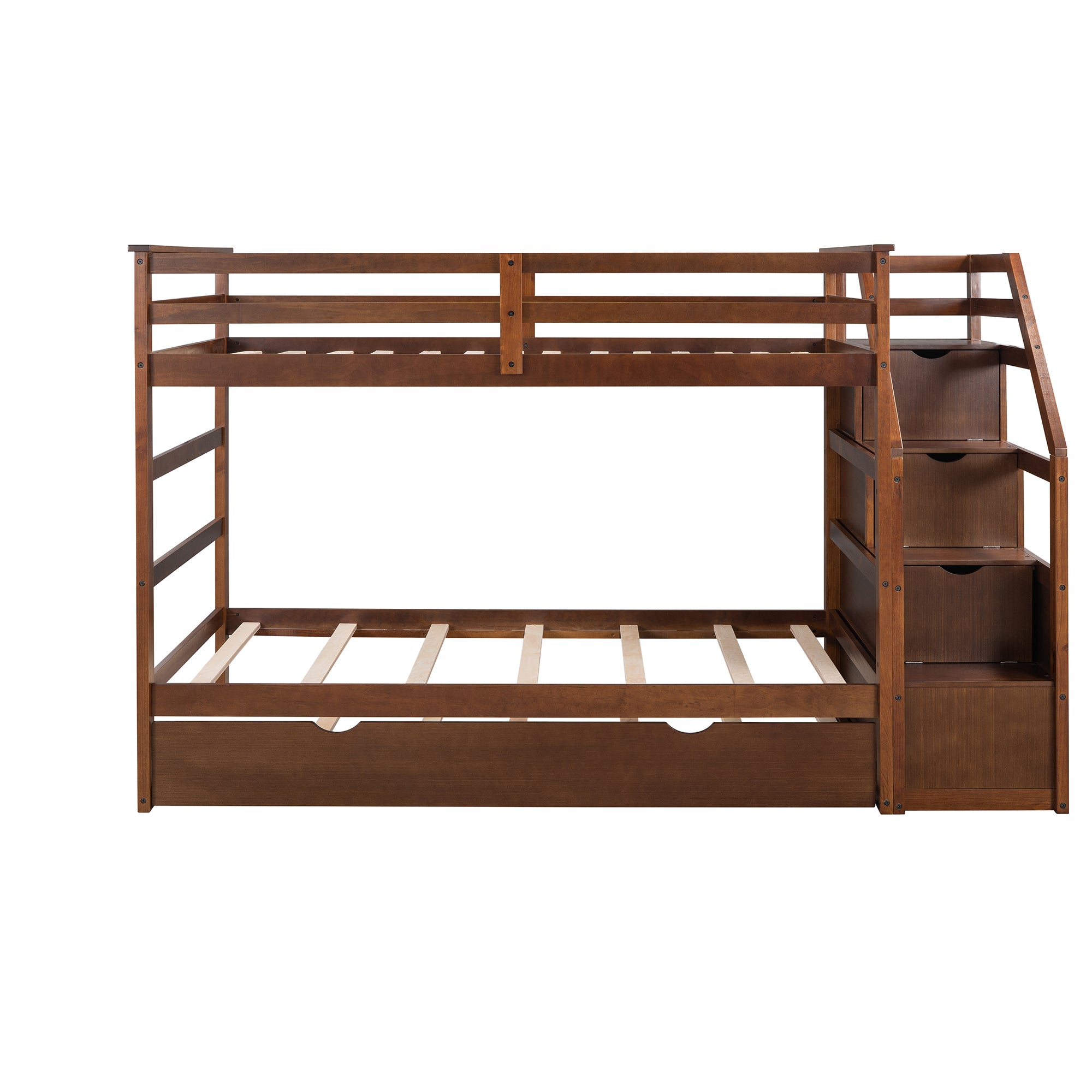 Twin-Over-Twin Bunk Bed with Twin Size Trundle and 3 Storage Stairs,Walnut