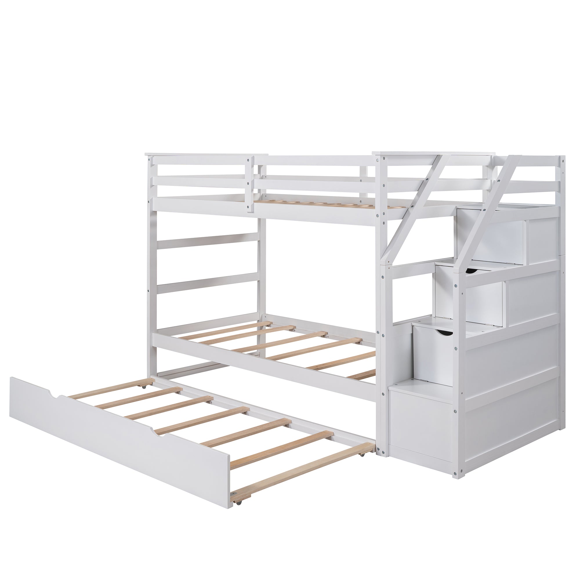 Twin-Over-Twin Bunk Bed with Twin Size Trundle and 3 Storage Stairs,White