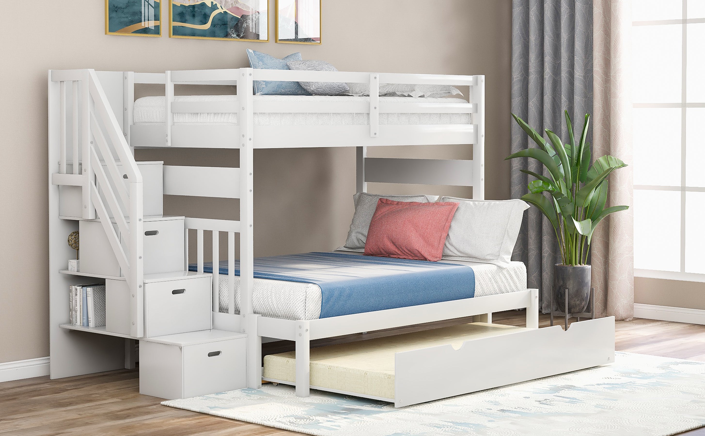 Twin over Twin/Full Bunk Bed with Twin Size Trundle (White)