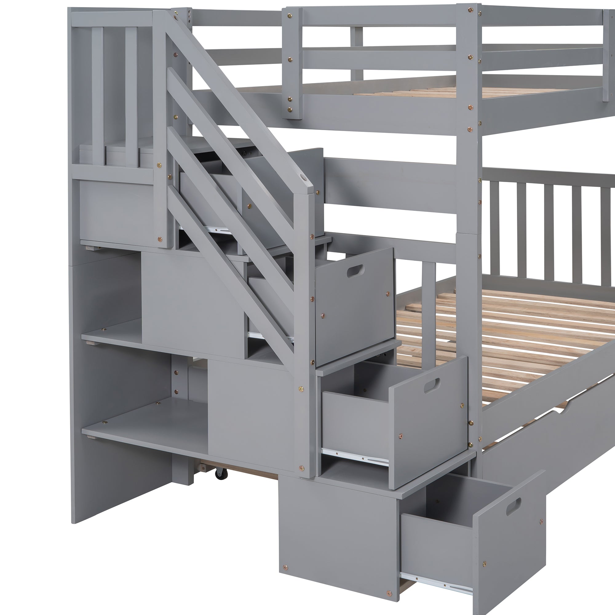 Twin over Twin/Full Bunk Bed with Twin Size Trundle (Gray)