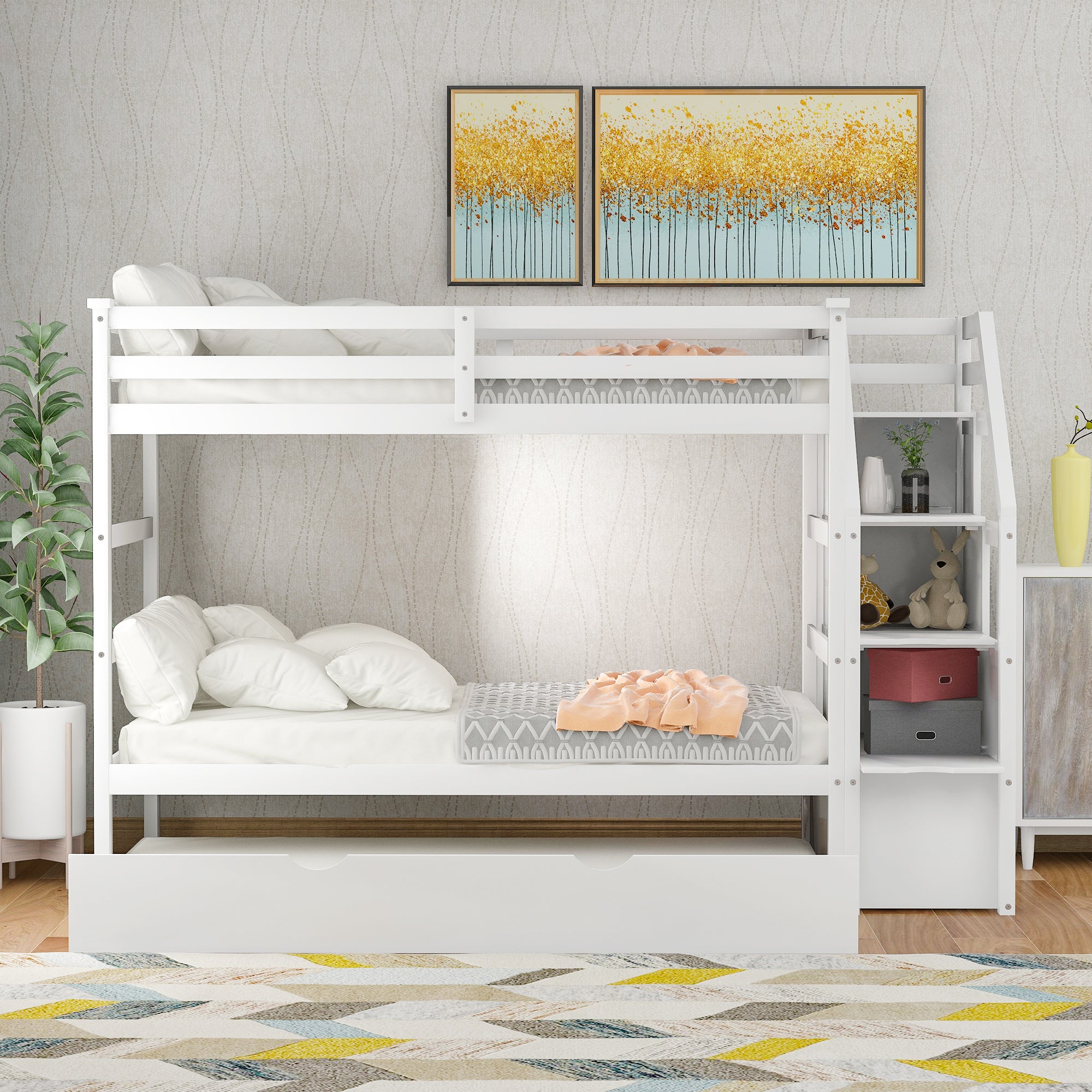 Twin-Over-Twin Bunk Bed with Twin Size Trundle and 3 Storage Stairs,White