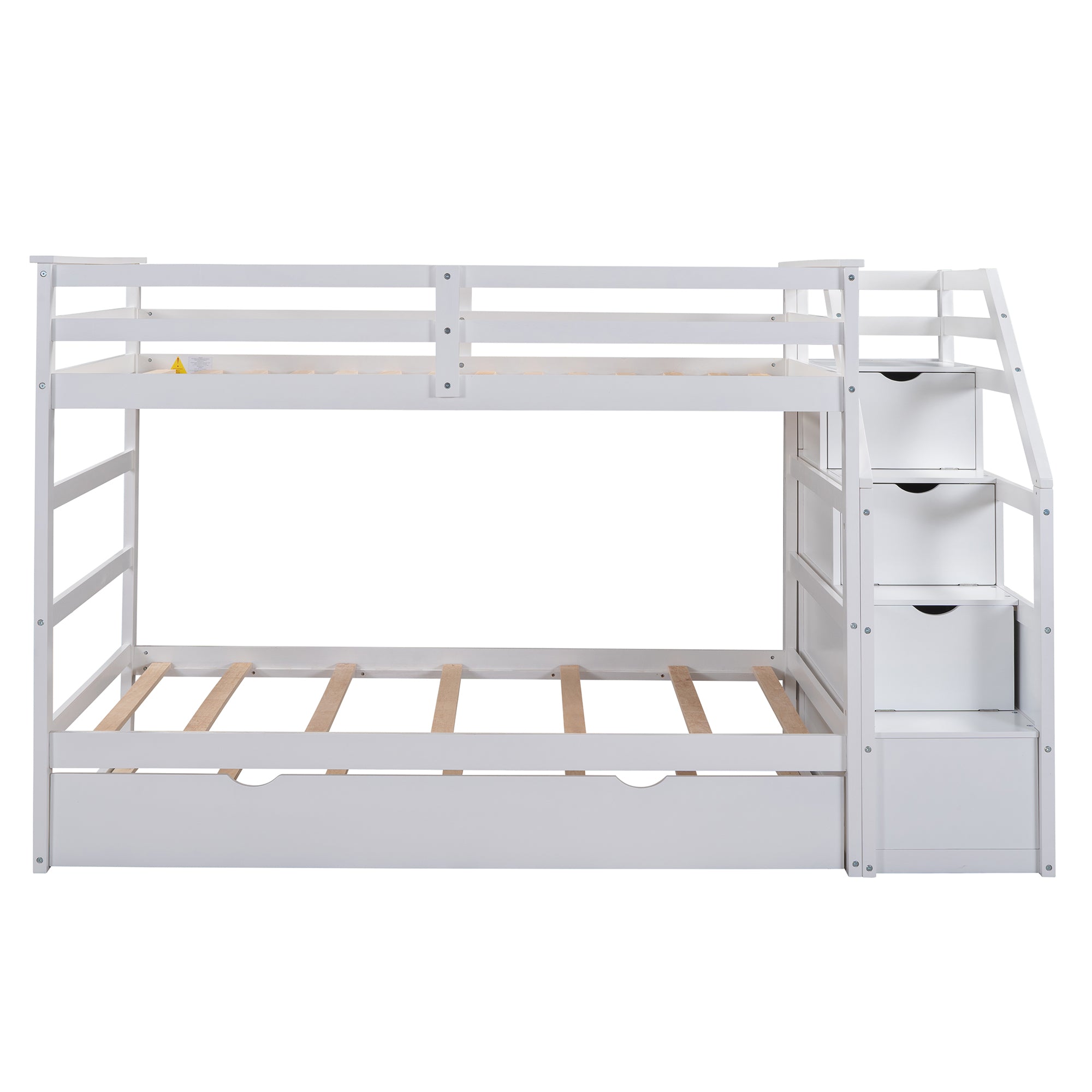 Twin-Over-Twin Bunk Bed with Twin Size Trundle and 3 Storage Stairs,White