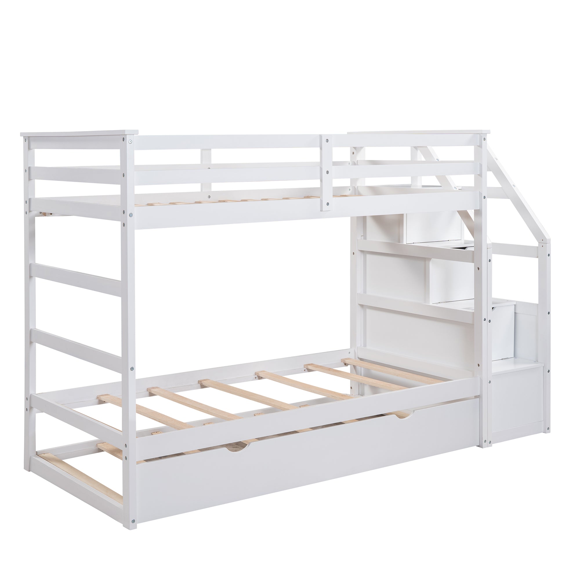 Twin-Over-Twin Bunk Bed with Twin Size Trundle and 3 Storage Stairs,White