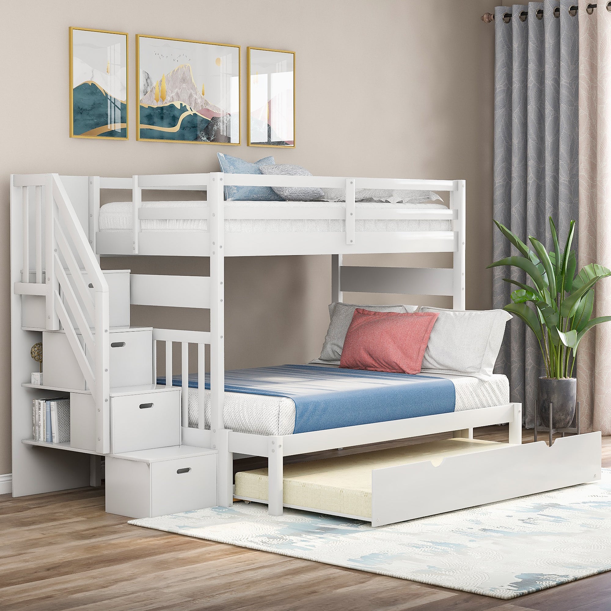 Twin over Twin/Full Bunk Bed with Twin Size Trundle (White)