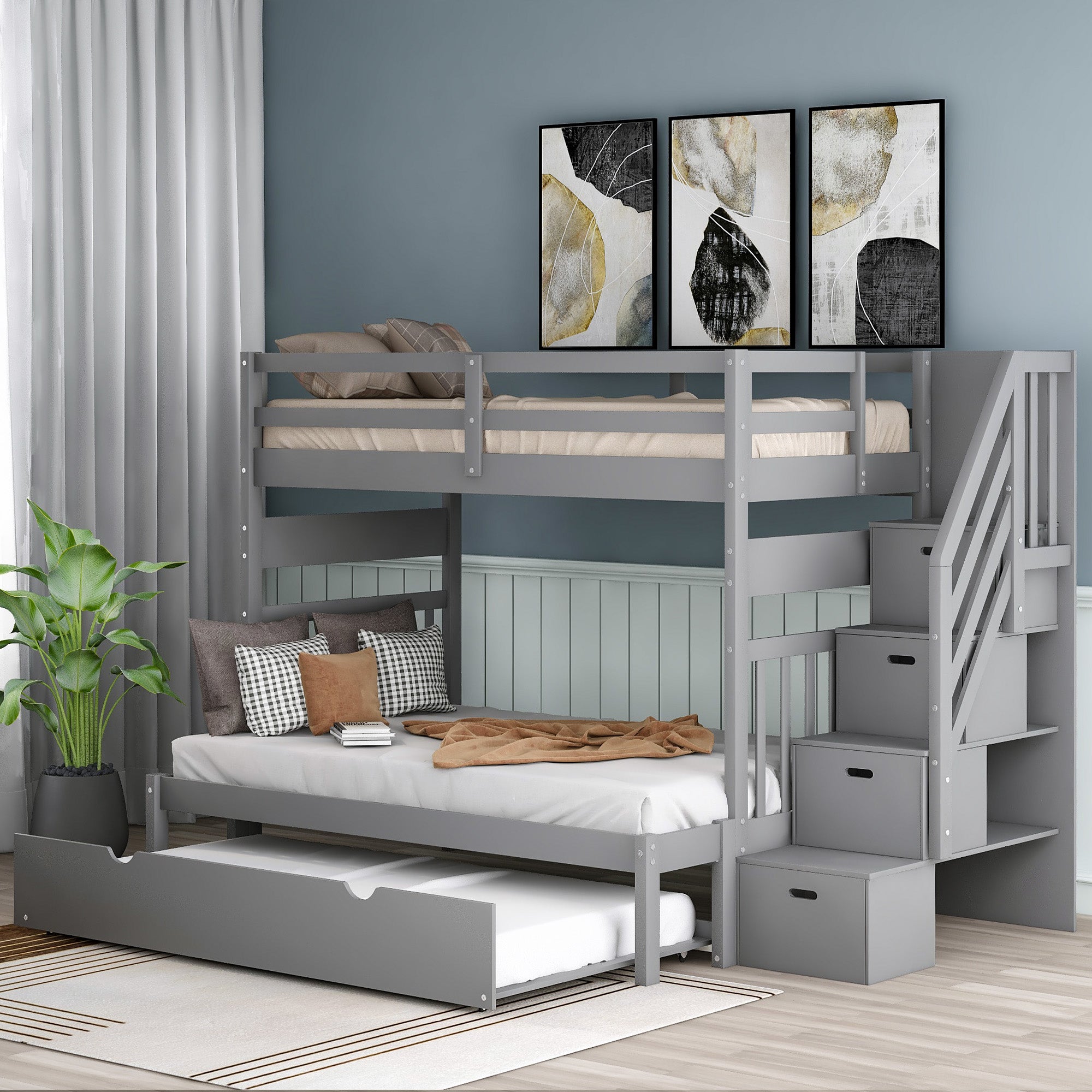 Twin over Twin/Full Bunk Bed with Twin Size Trundle (Gray)