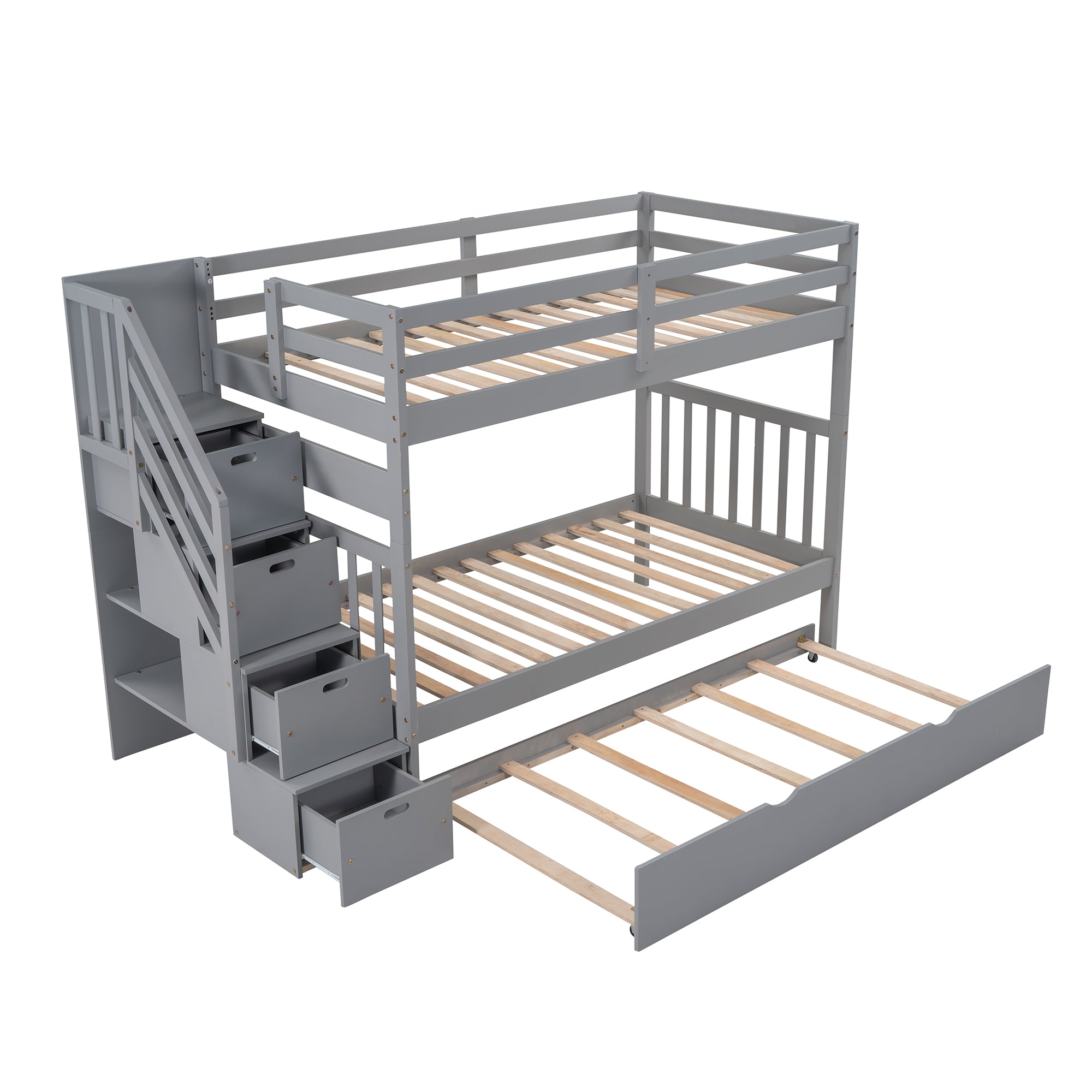 Twin over Twin/Full Bunk Bed with Twin Size Trundle (Gray)