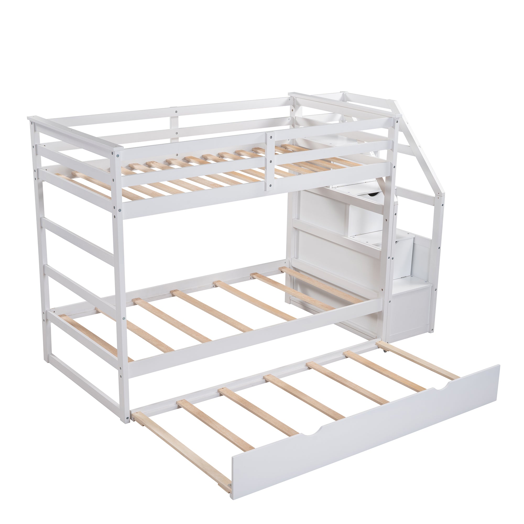 Twin-Over-Twin Bunk Bed with Twin Size Trundle and 3 Storage Stairs,White