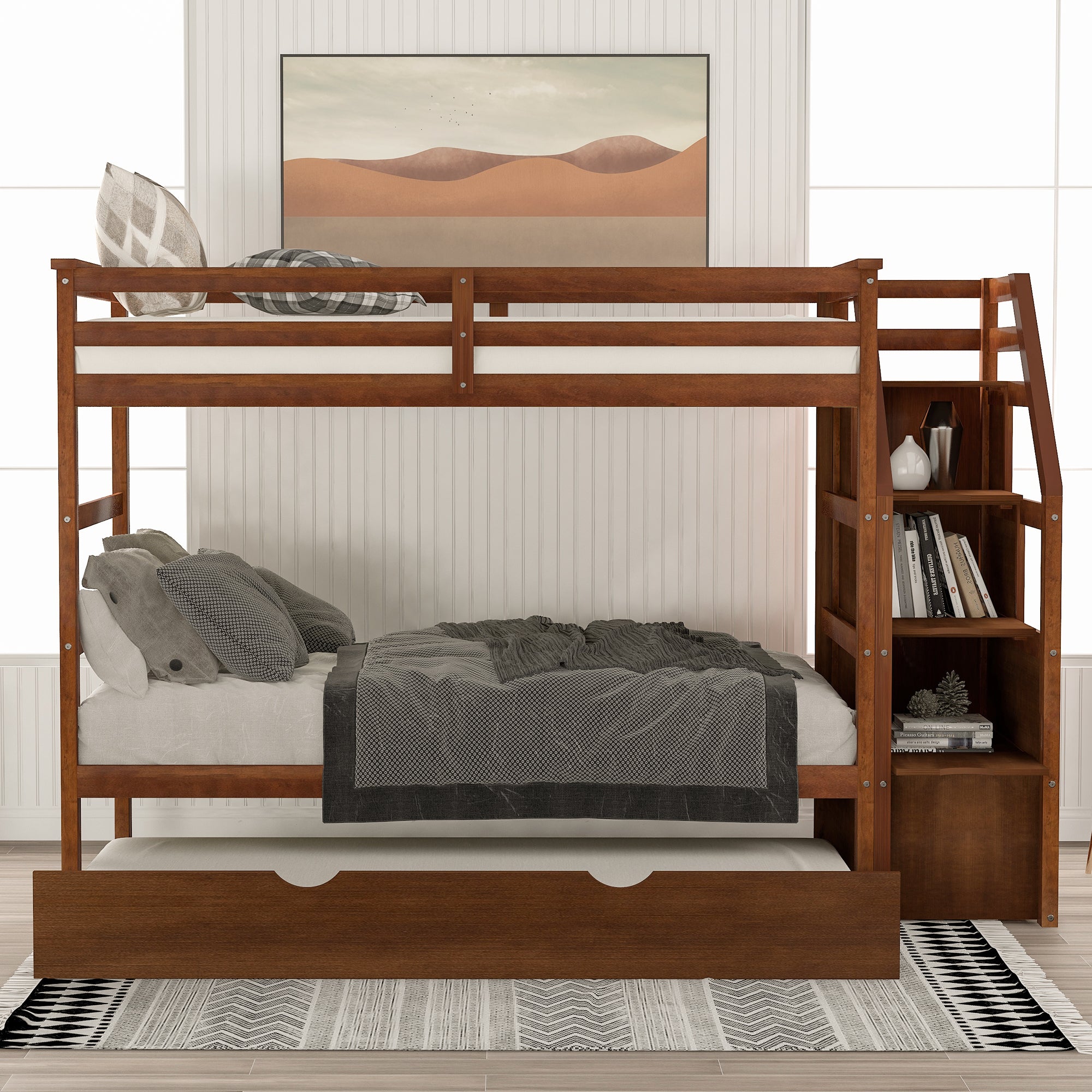 Twin-Over-Twin Bunk Bed with Twin Size Trundle and 3 Storage Stairs,Walnut