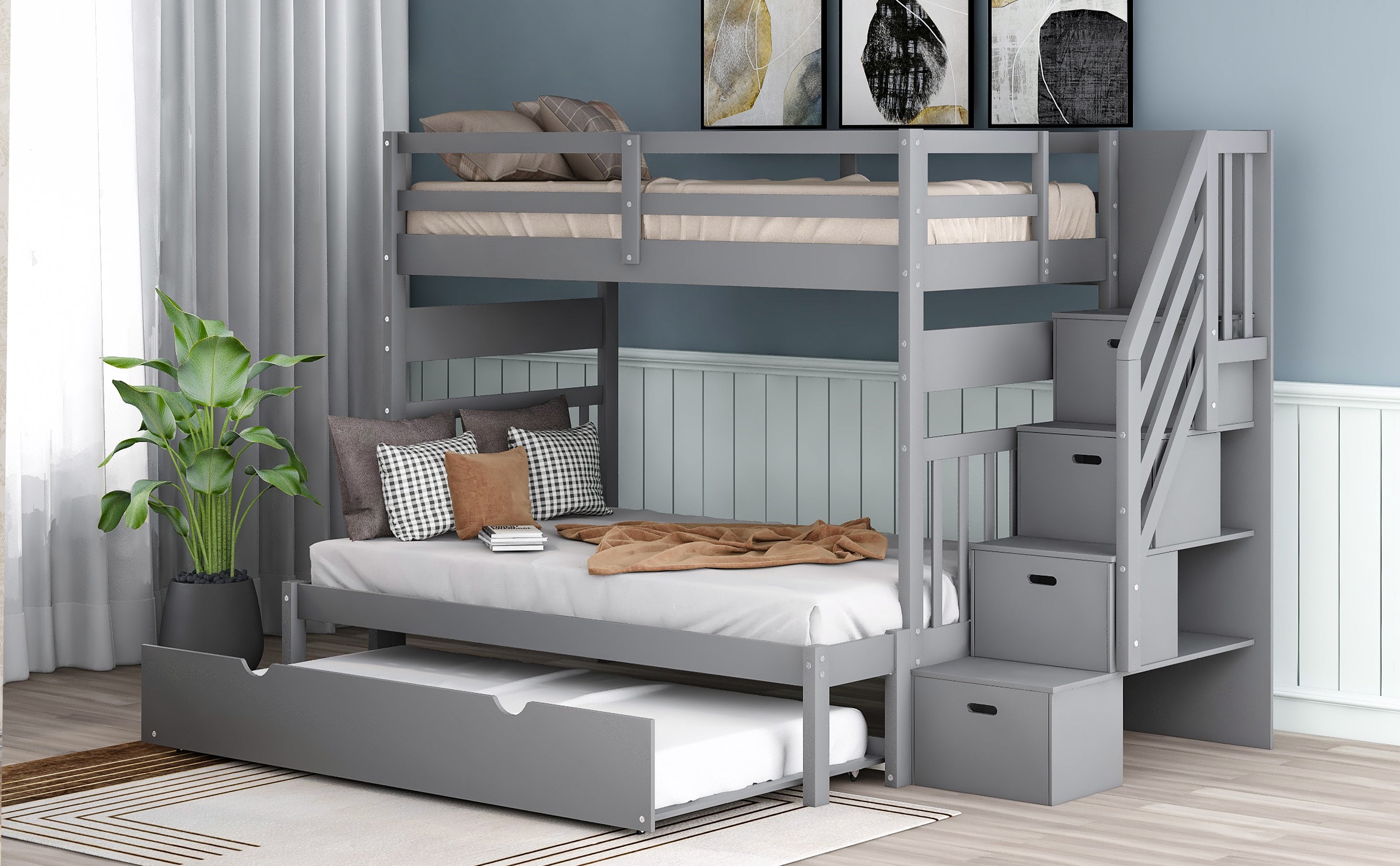 Twin over Twin/Full Bunk Bed with Twin Size Trundle (Gray)