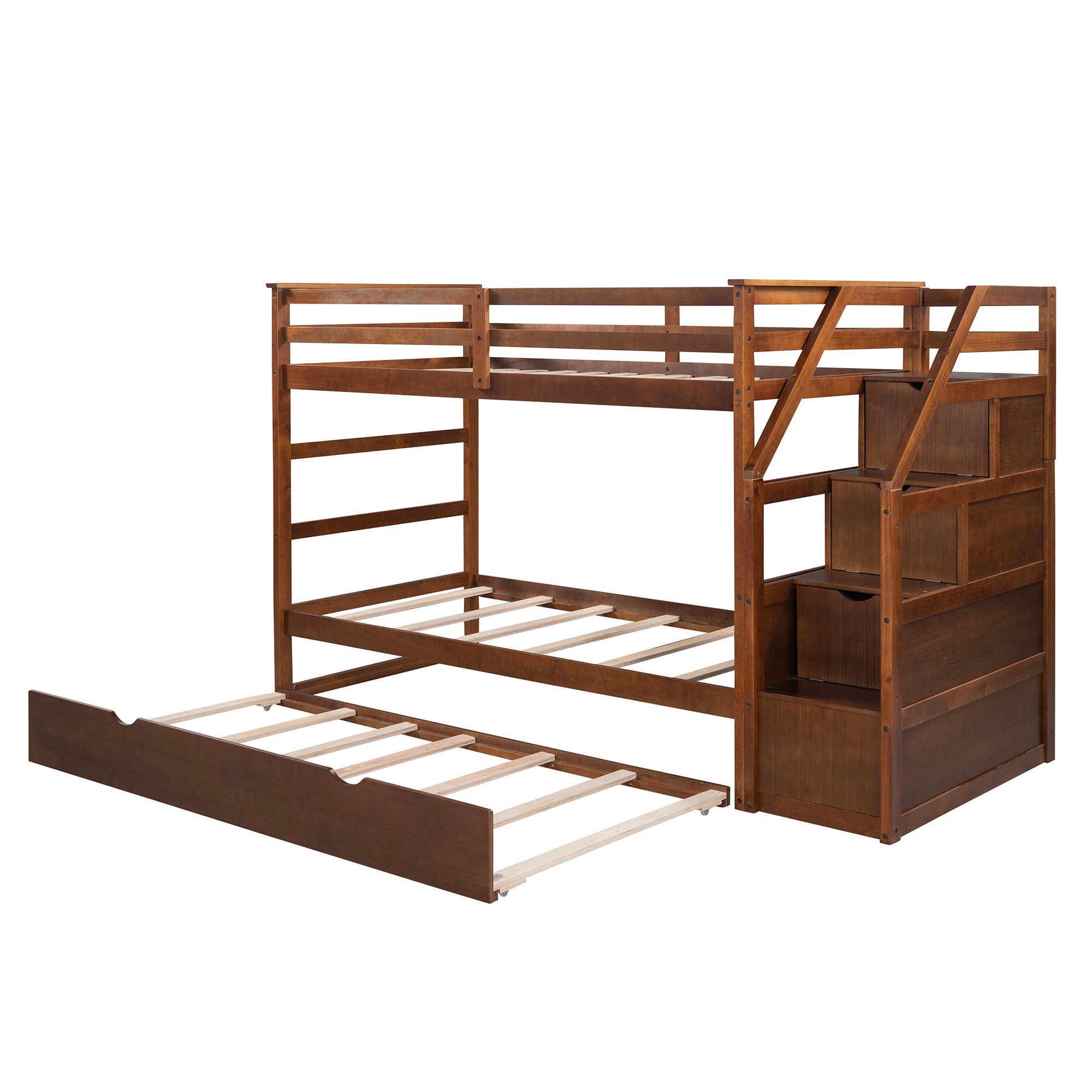 Twin-Over-Twin Bunk Bed with Twin Size Trundle and 3 Storage Stairs,Walnut