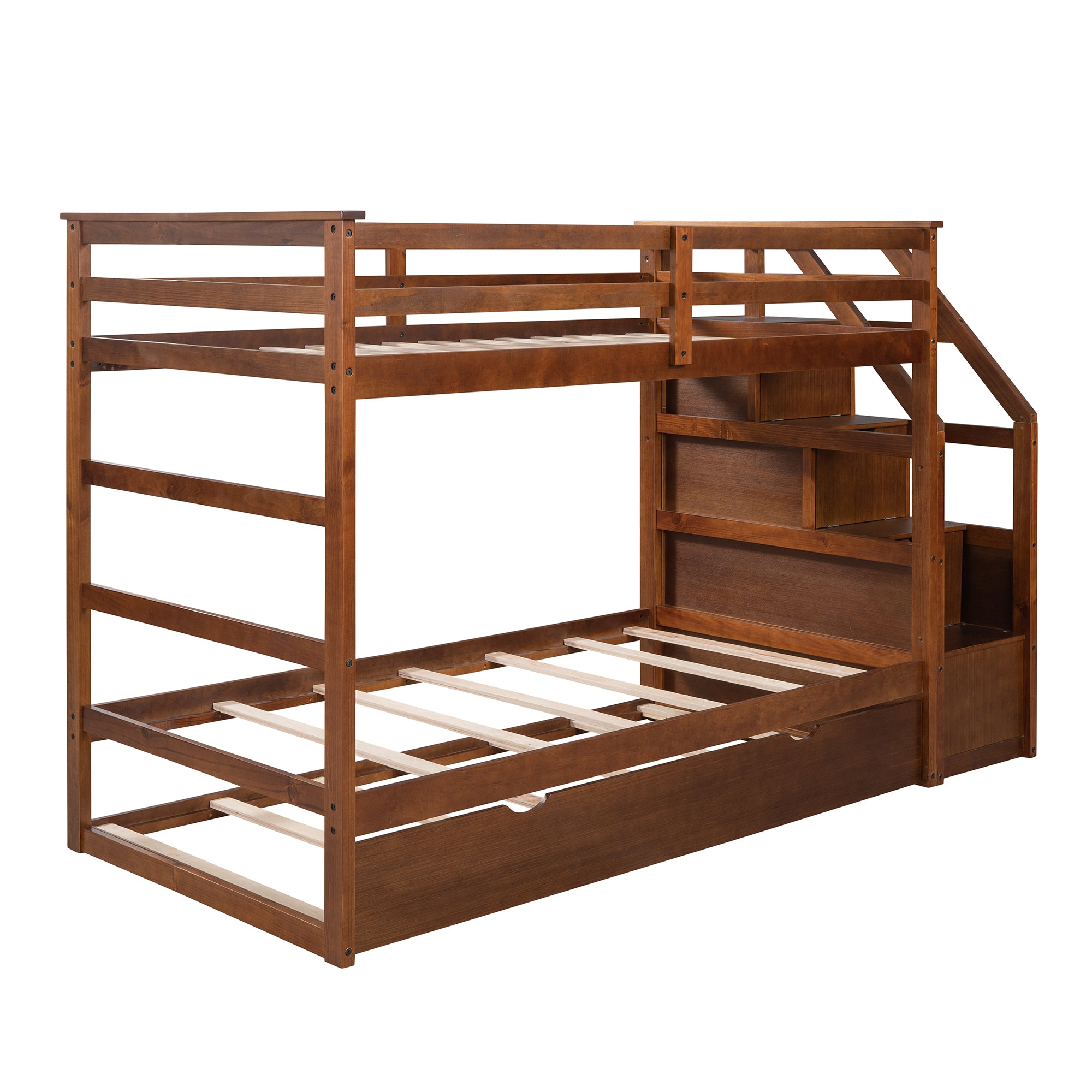 Twin-Over-Twin Bunk Bed with Twin Size Trundle and 3 Storage Stairs,Walnut