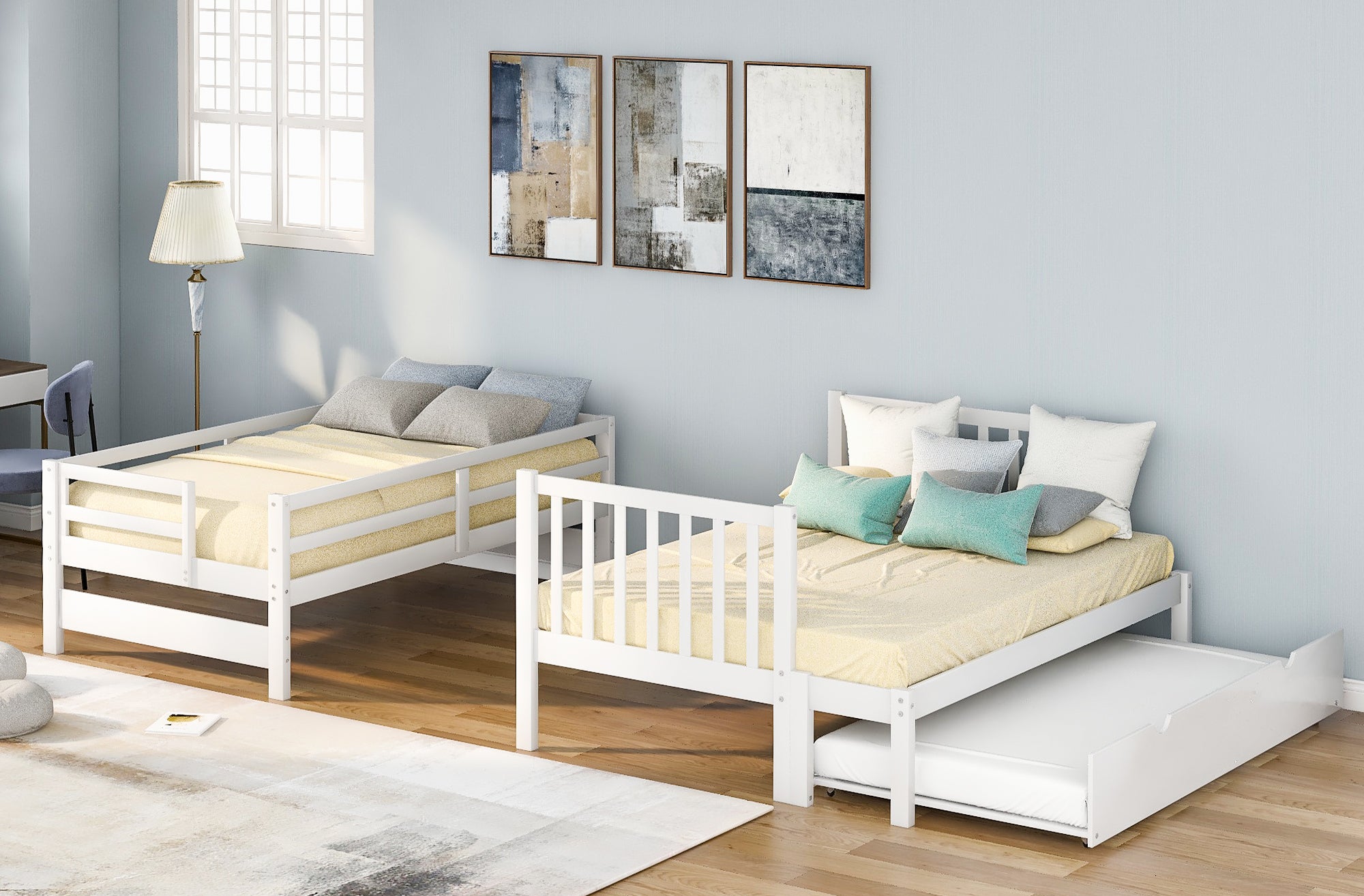 Twin over Twin/Full Bunk Bed with Twin Size Trundle (White)