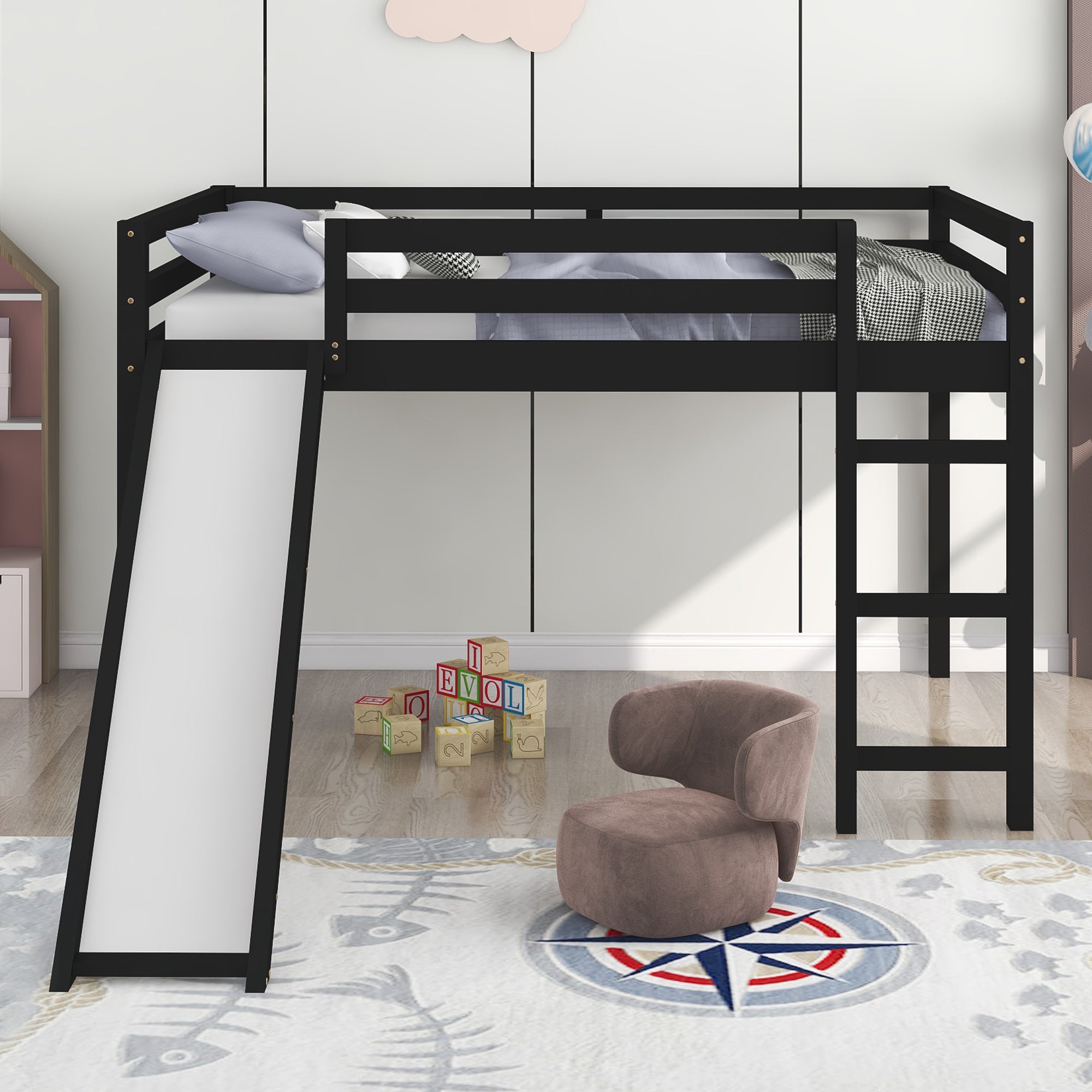 Loft Bed with Slide, Multifunctional Design, Full (Espresso)