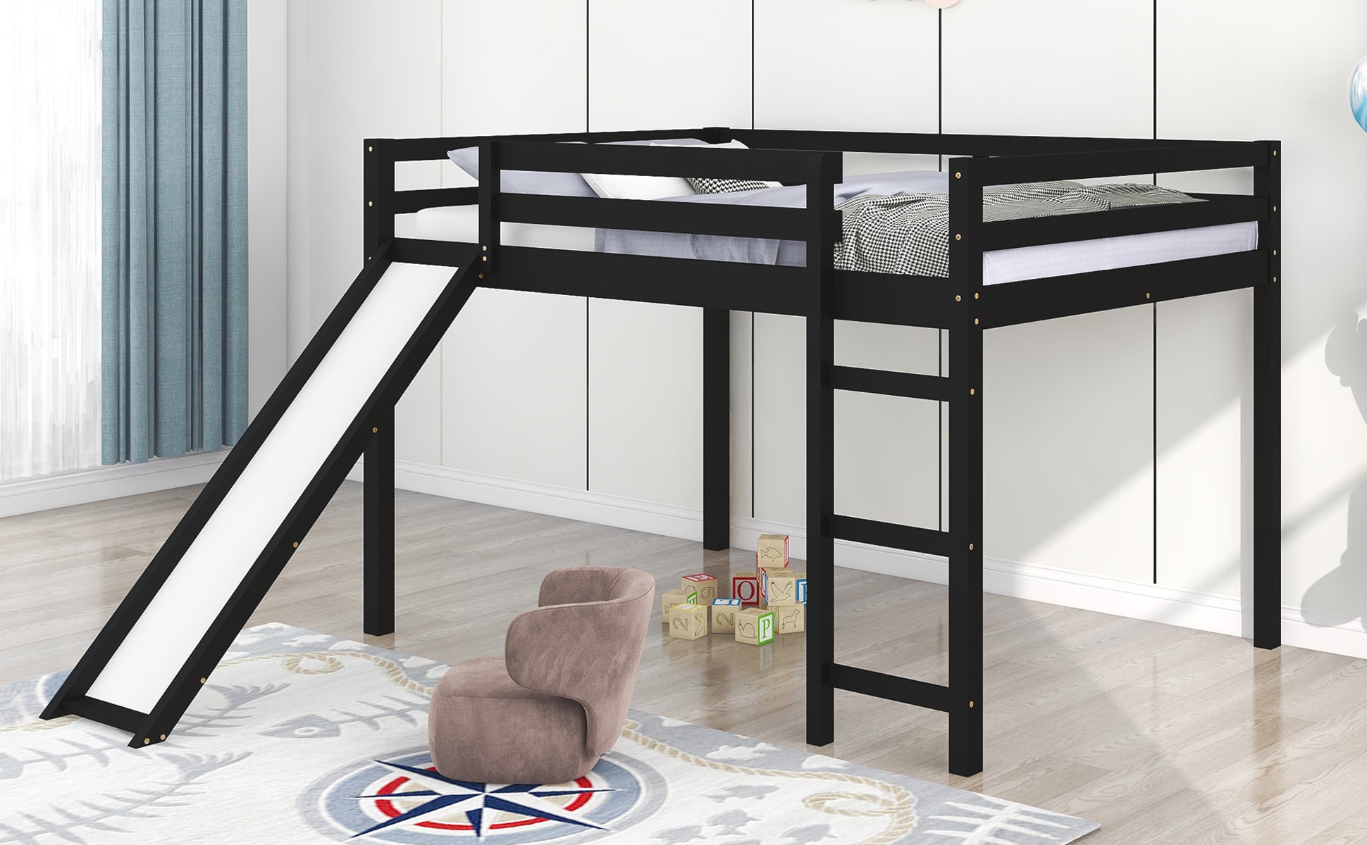 Loft Bed with Slide, Multifunctional Design, Full (Espresso)