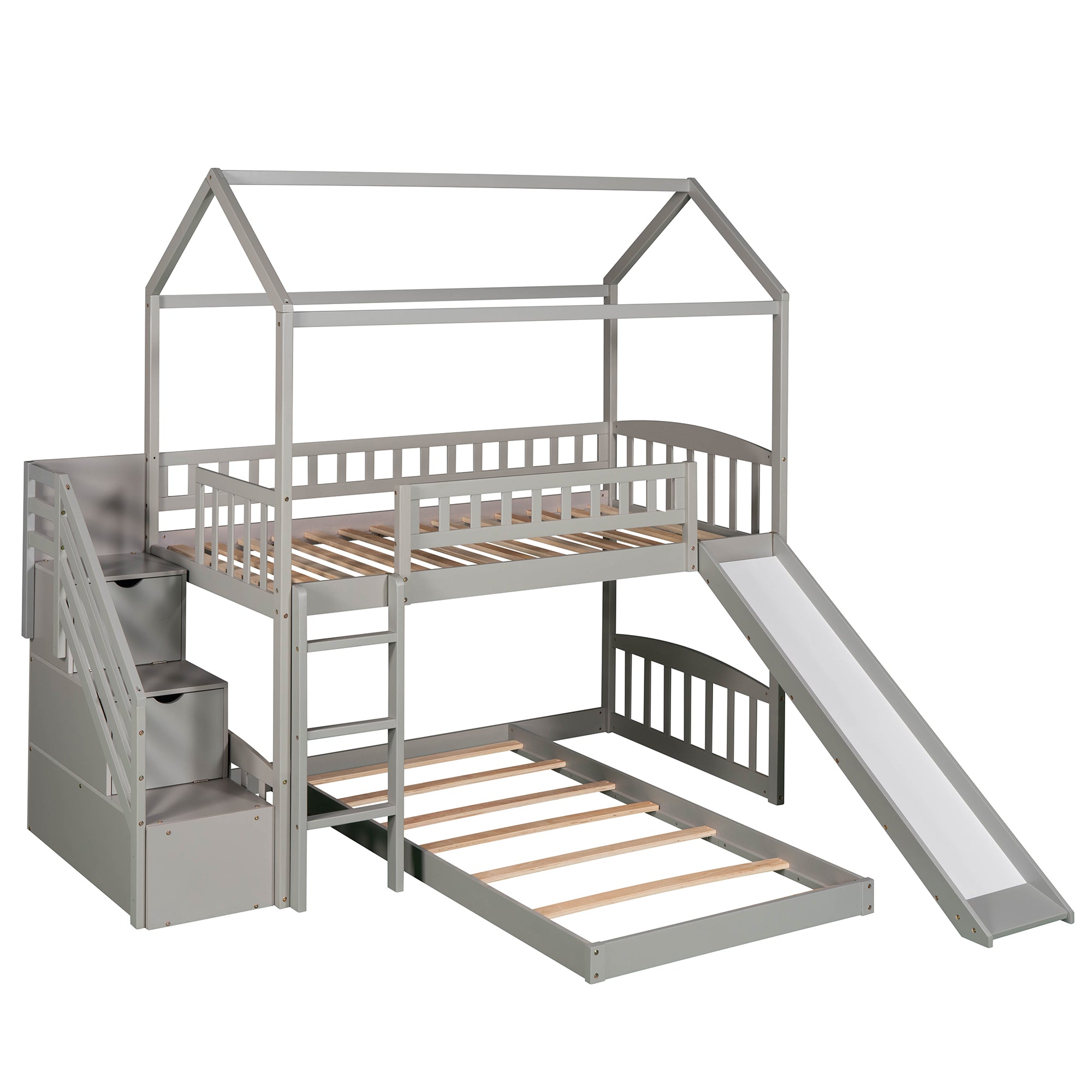 Twin Over Twin Bunk Bed with Two Drawers and Slide, House Bed with Slide, White