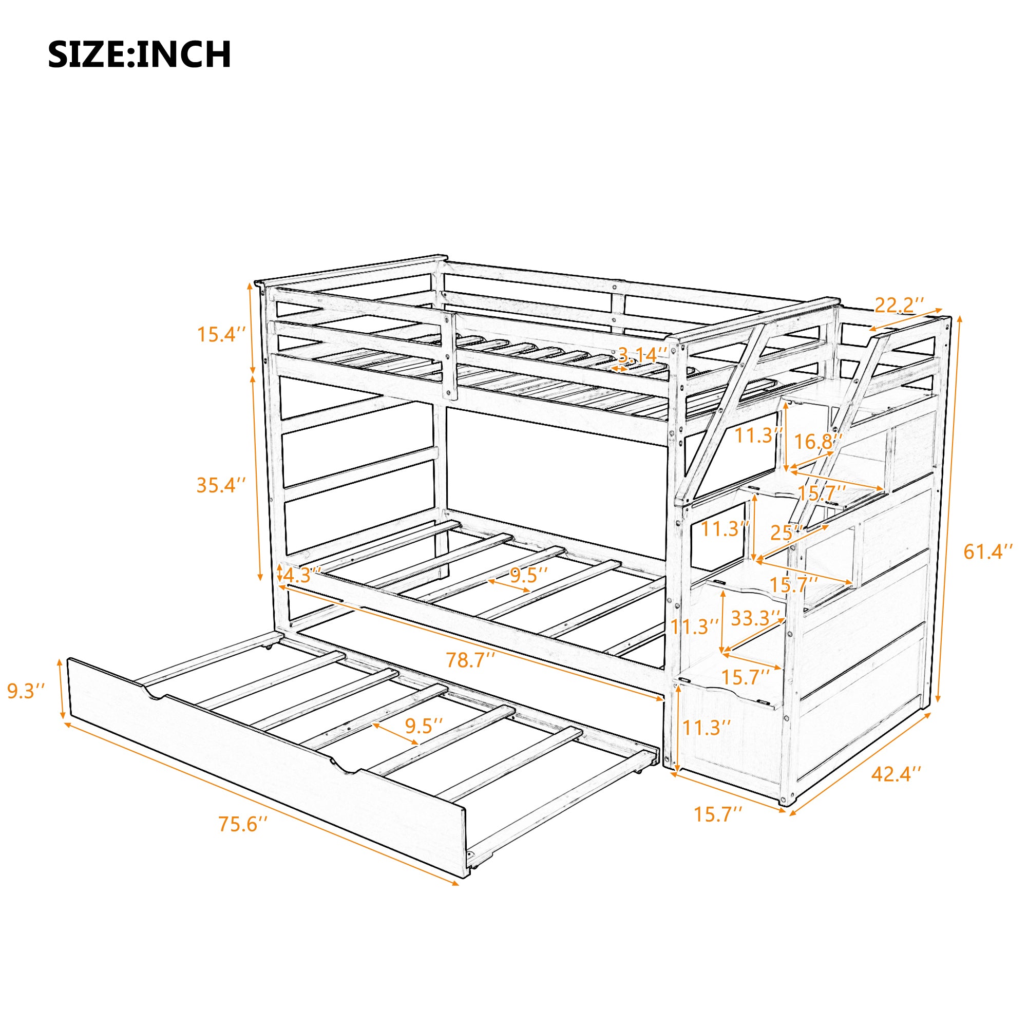 Twin-Over-Twin Bunk Bed with Twin Size Trundle and 3 Storage Stairs,Walnut