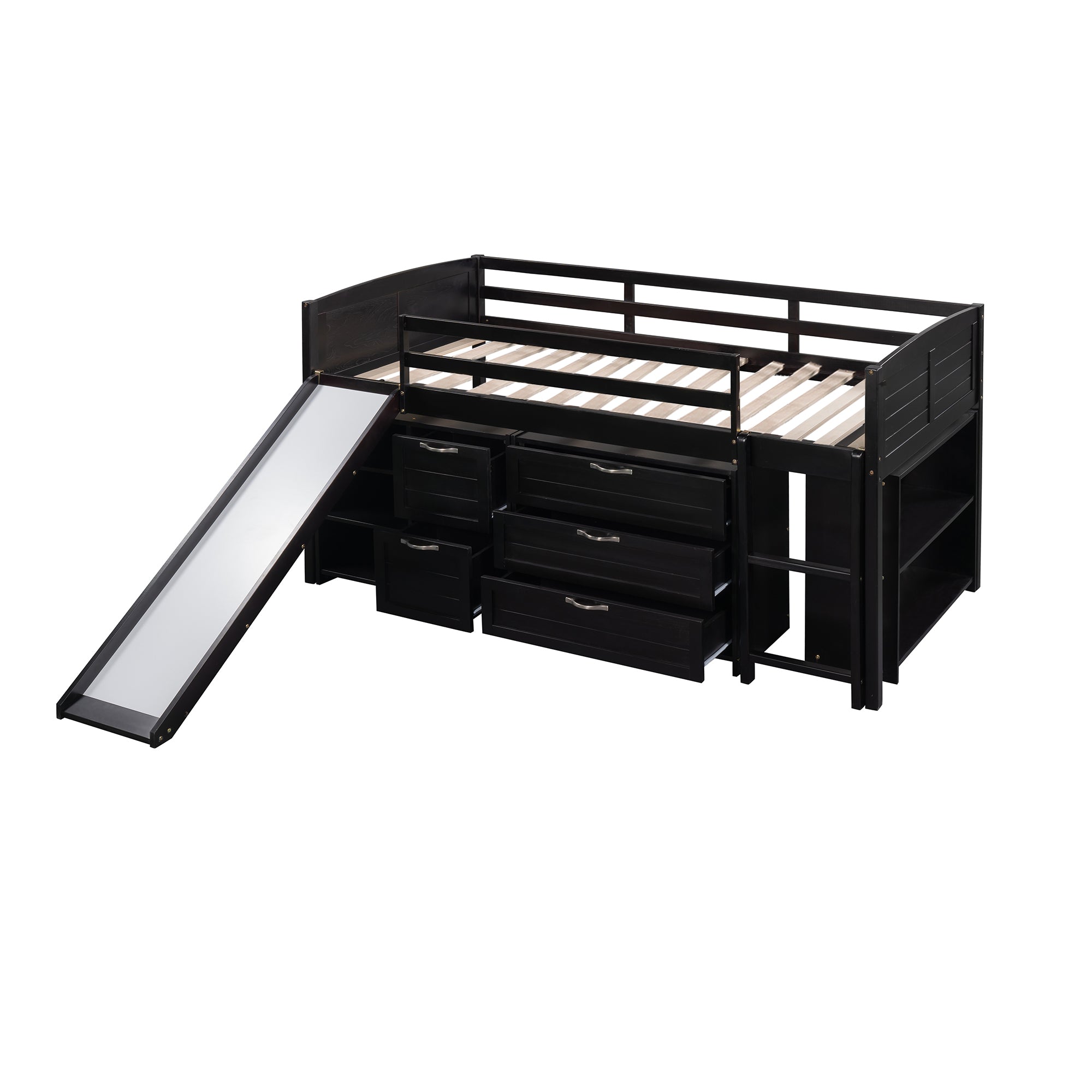 Low Twin Size Loft Bed with Cabinets, Shelves and Slide - Espresso