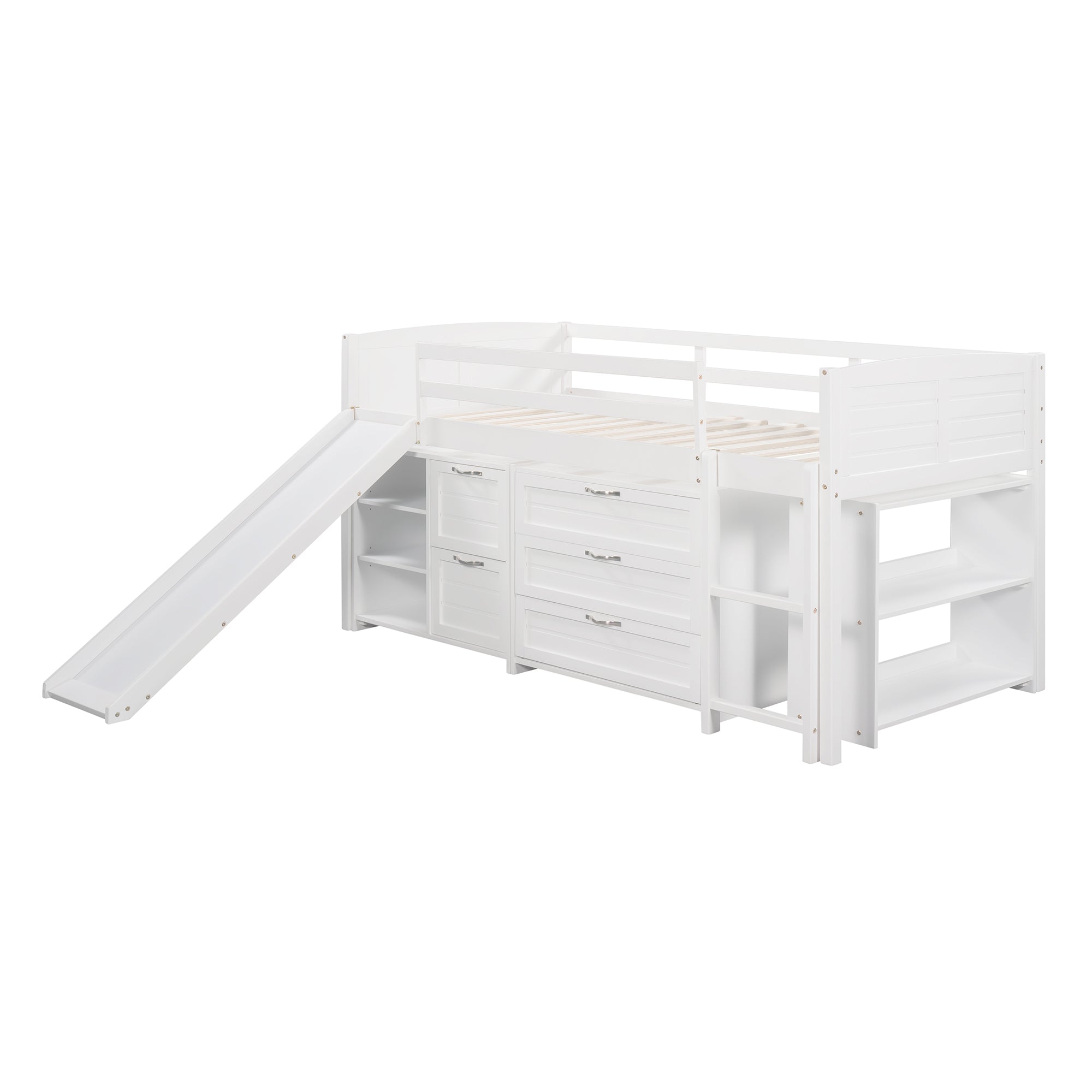 Low Twin Size Loft Bed with Cabinets, Shelves and Slide - White