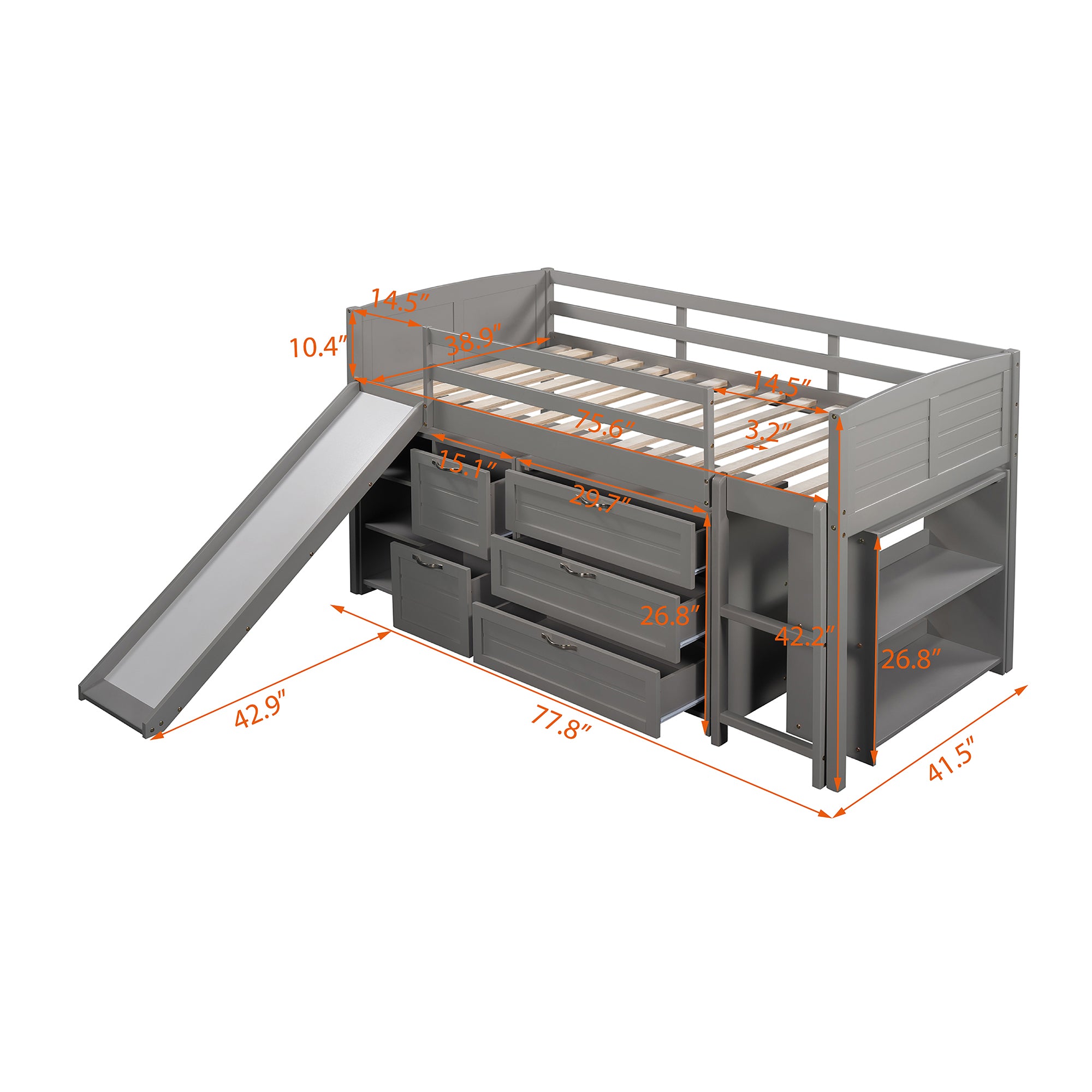 Low Twin Size Loft Bed with Cabinets, Shelves and Slide - Gray