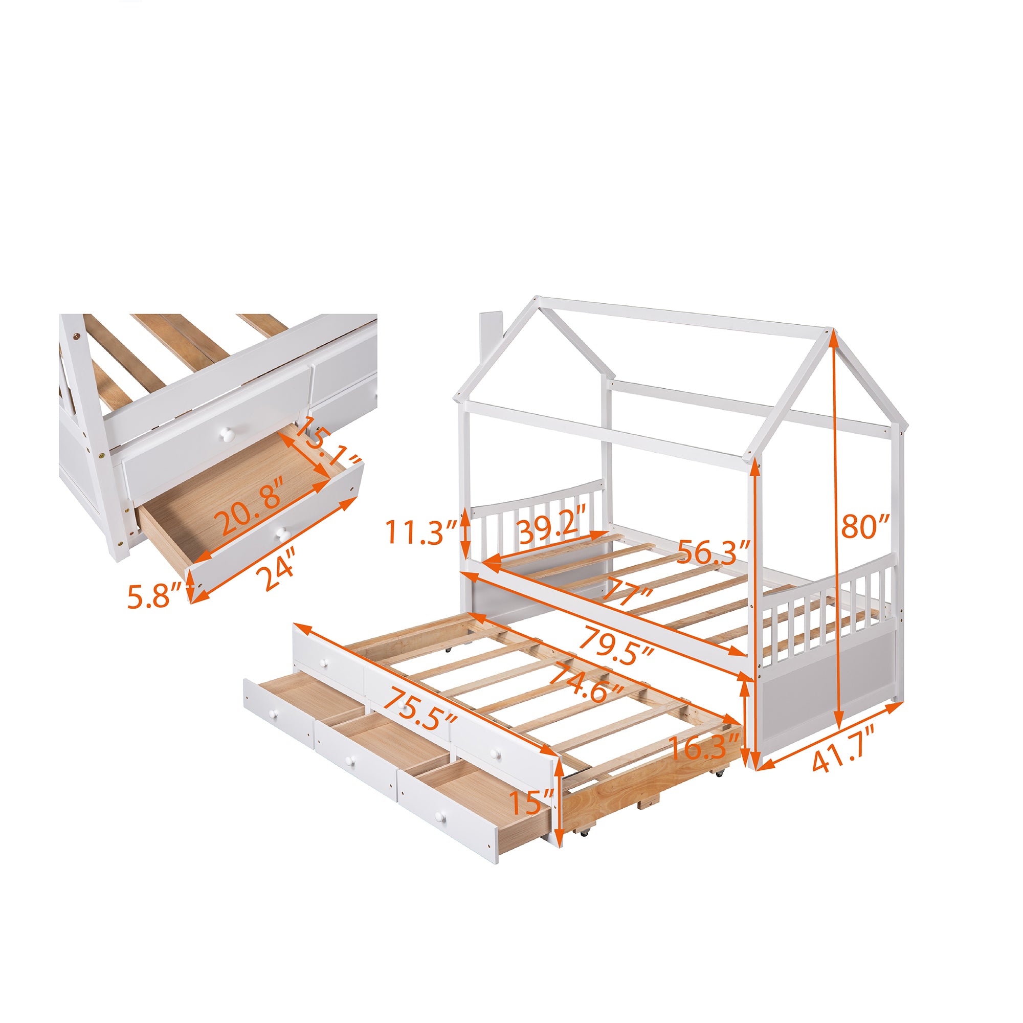 Twin size Wooden House Bed with Trundle and 3 Storage Drawers-White