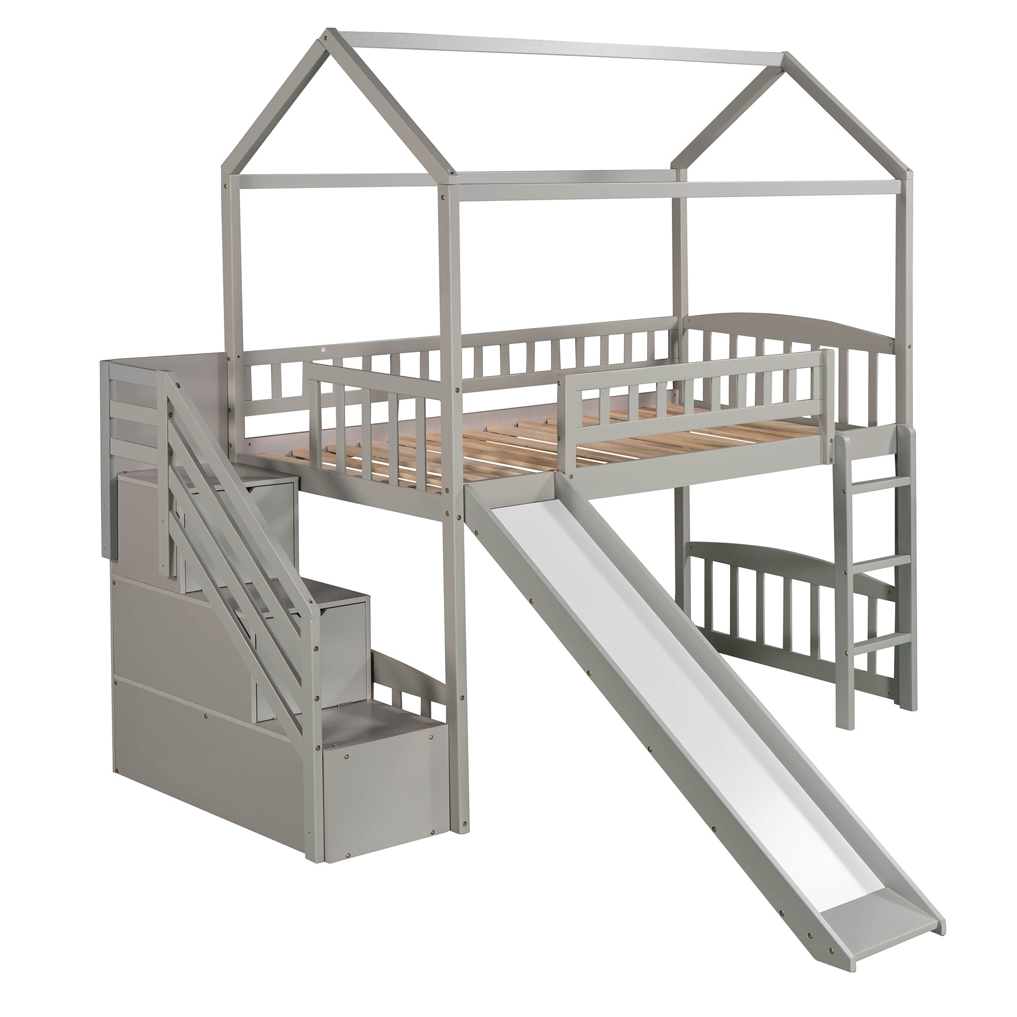 Twin Loft Bed with Two Drawers and Slide, House Bed with Slide, Gray