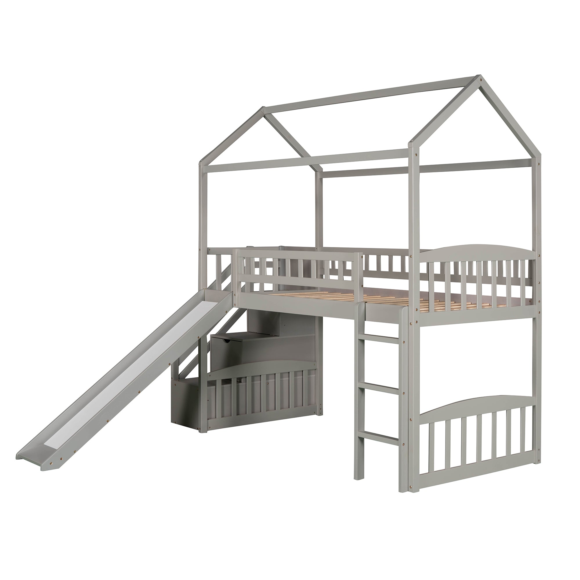 Twin Loft Bed with Two Drawers and Slide, House Bed with Slide, Gray