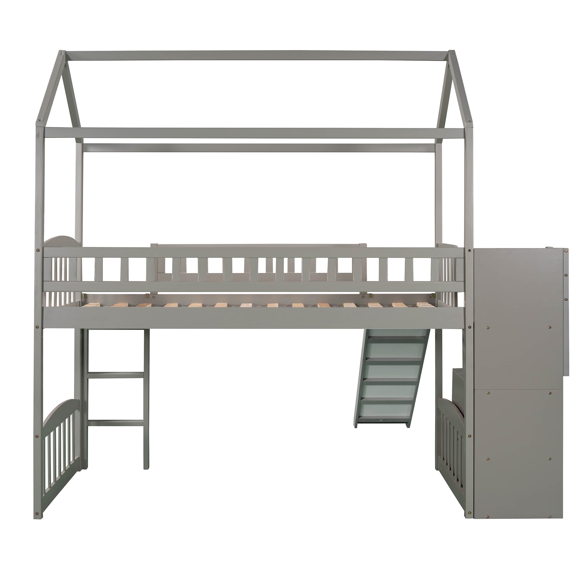 Twin Loft Bed with Two Drawers and Slide, House Bed with Slide, Gray