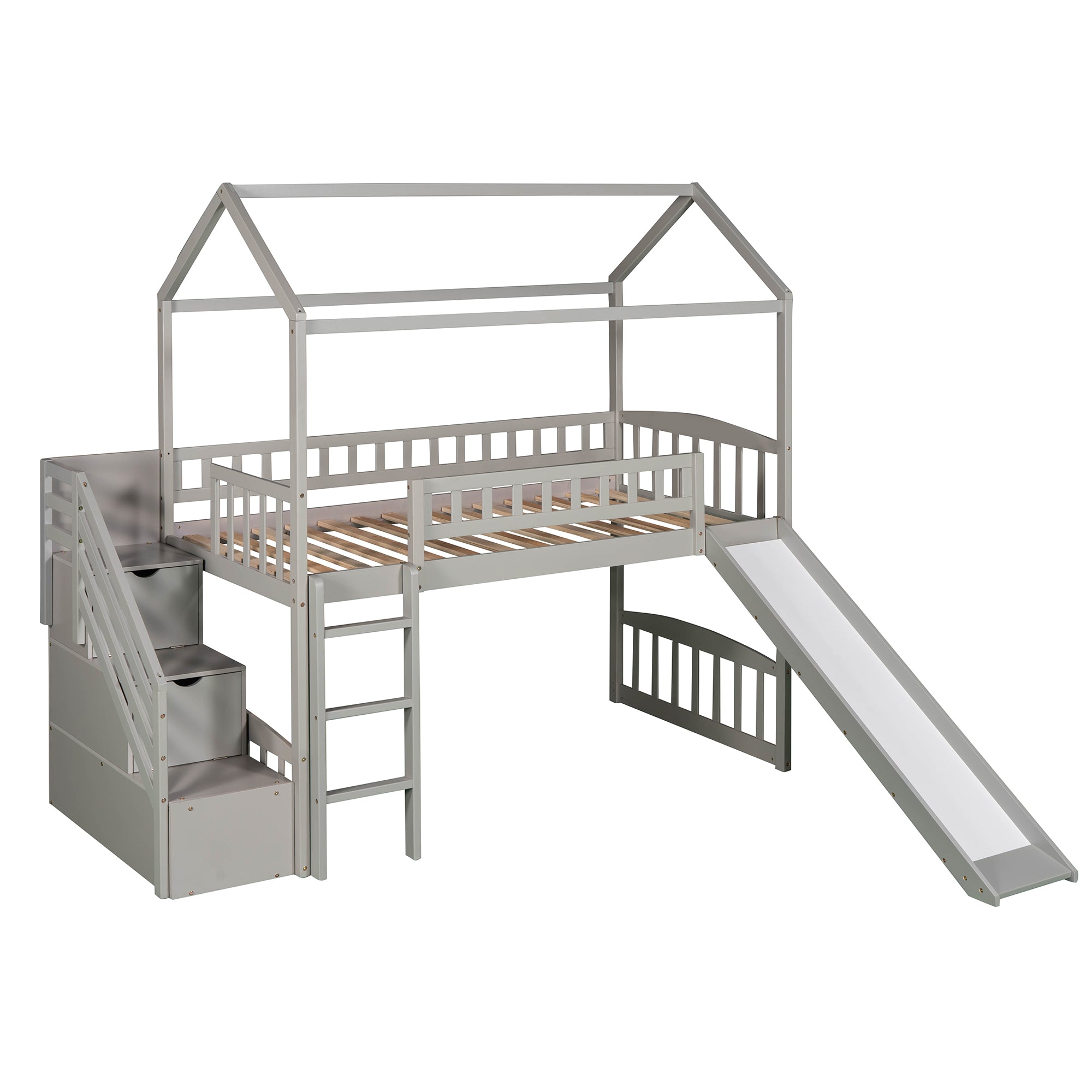 Twin Loft Bed with Two Drawers and Slide, House Bed with Slide, Gray