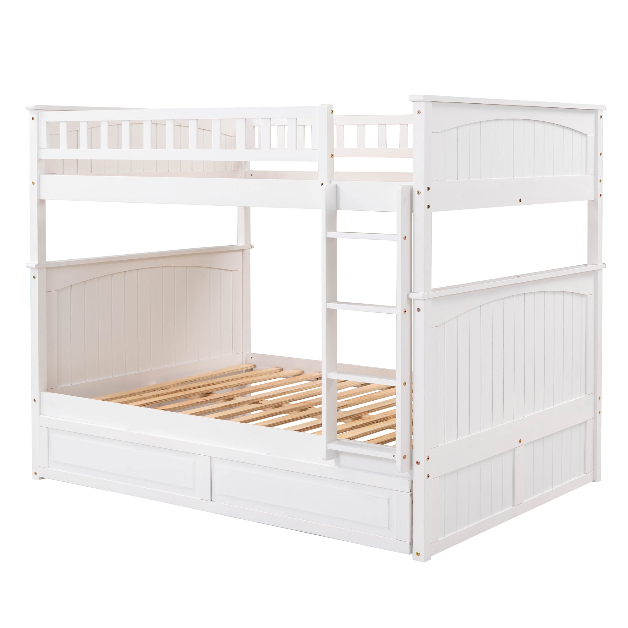 Full Over Full Bunk Bed with Twin Size Trundle, Pine Wood Bunk Bed with Guardrails, White