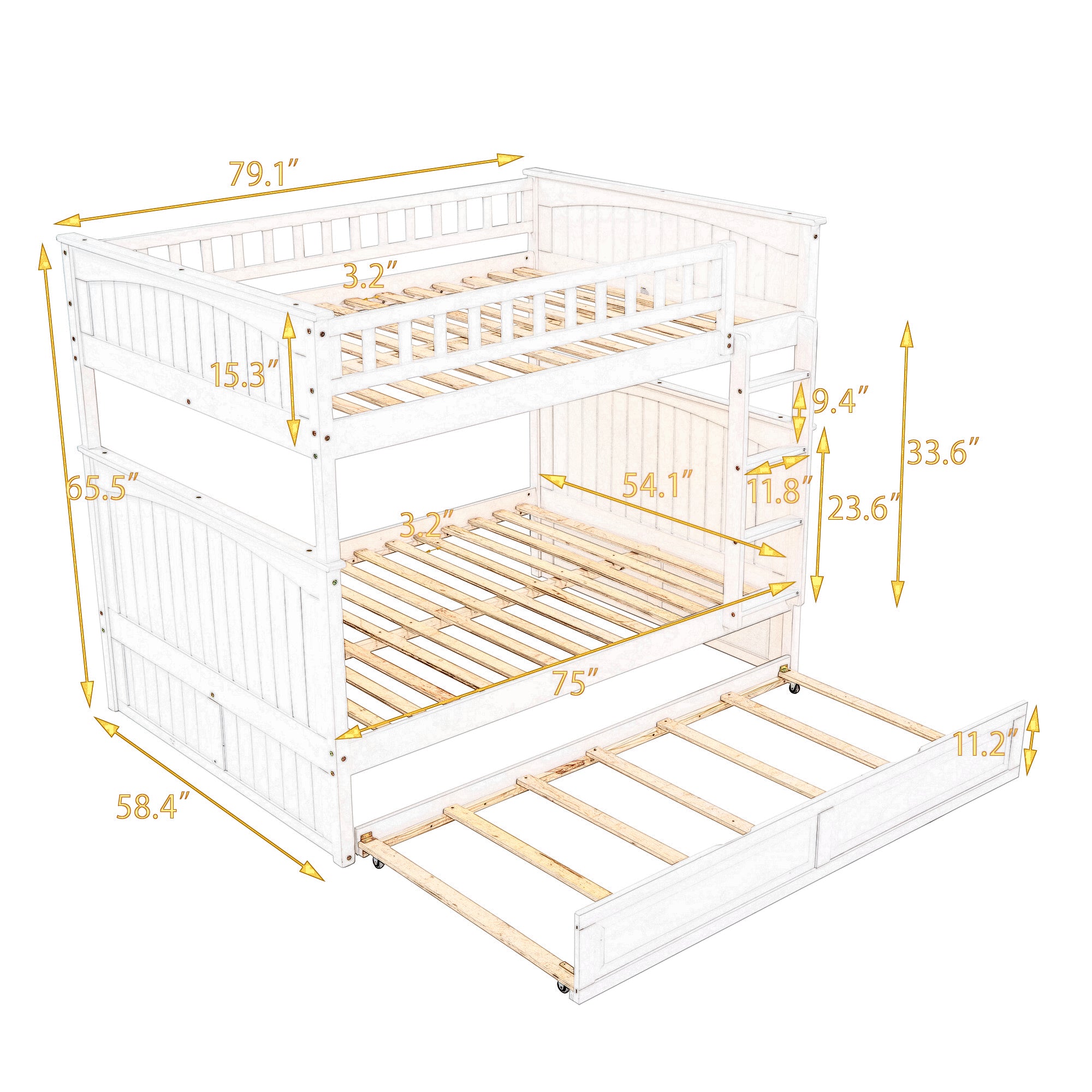 Full Over Full Bunk Bed with Twin Size Trundle, Pine Wood Bunk Bed with Guardrails, White