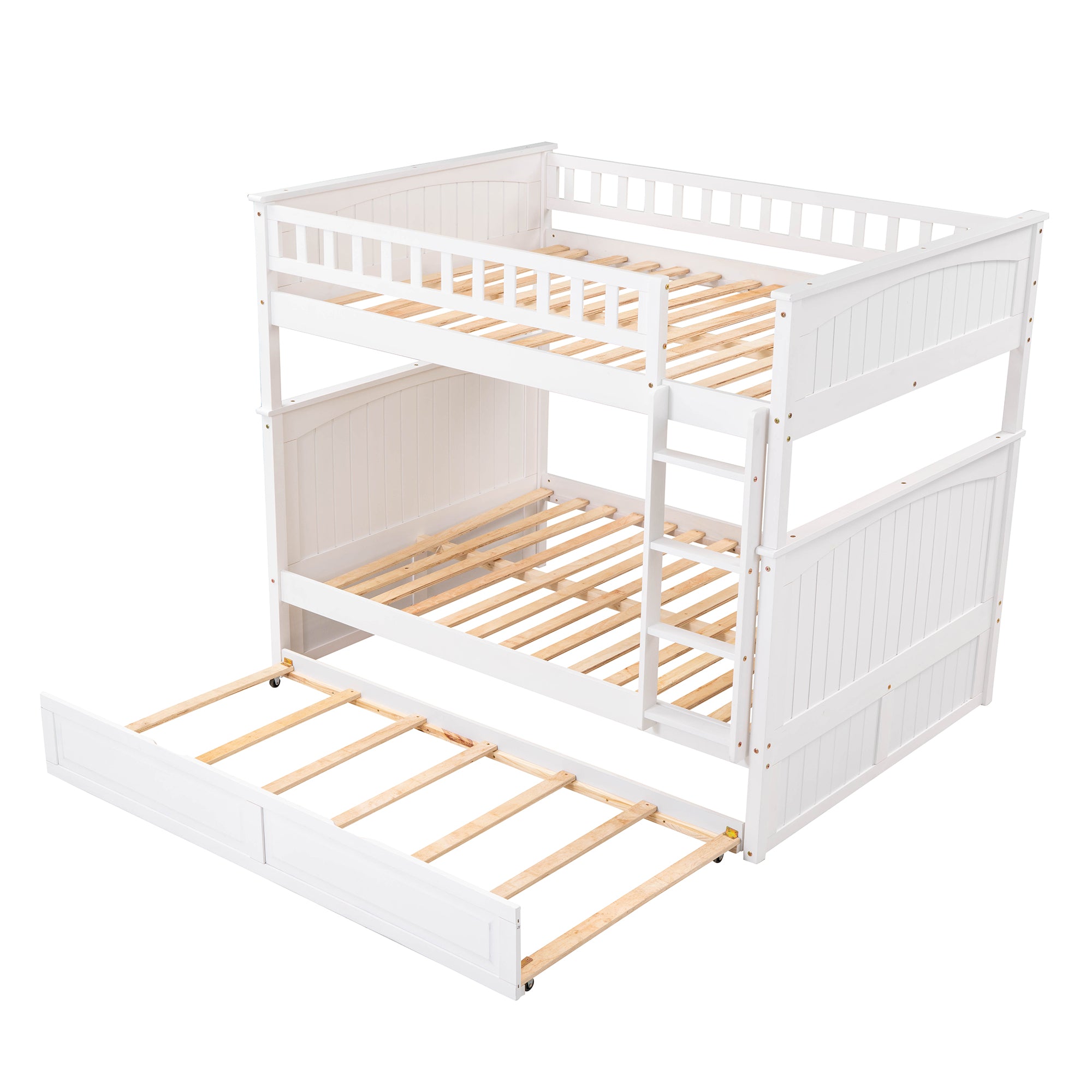 Full Over Full Bunk Bed with Twin Size Trundle, Pine Wood Bunk Bed with Guardrails, White