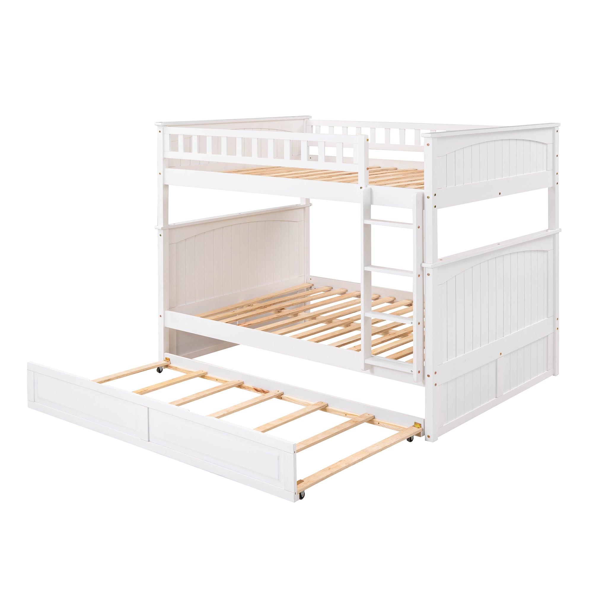 Full Over Full Bunk Bed with Twin Size Trundle, Pine Wood Bunk Bed with Guardrails, White